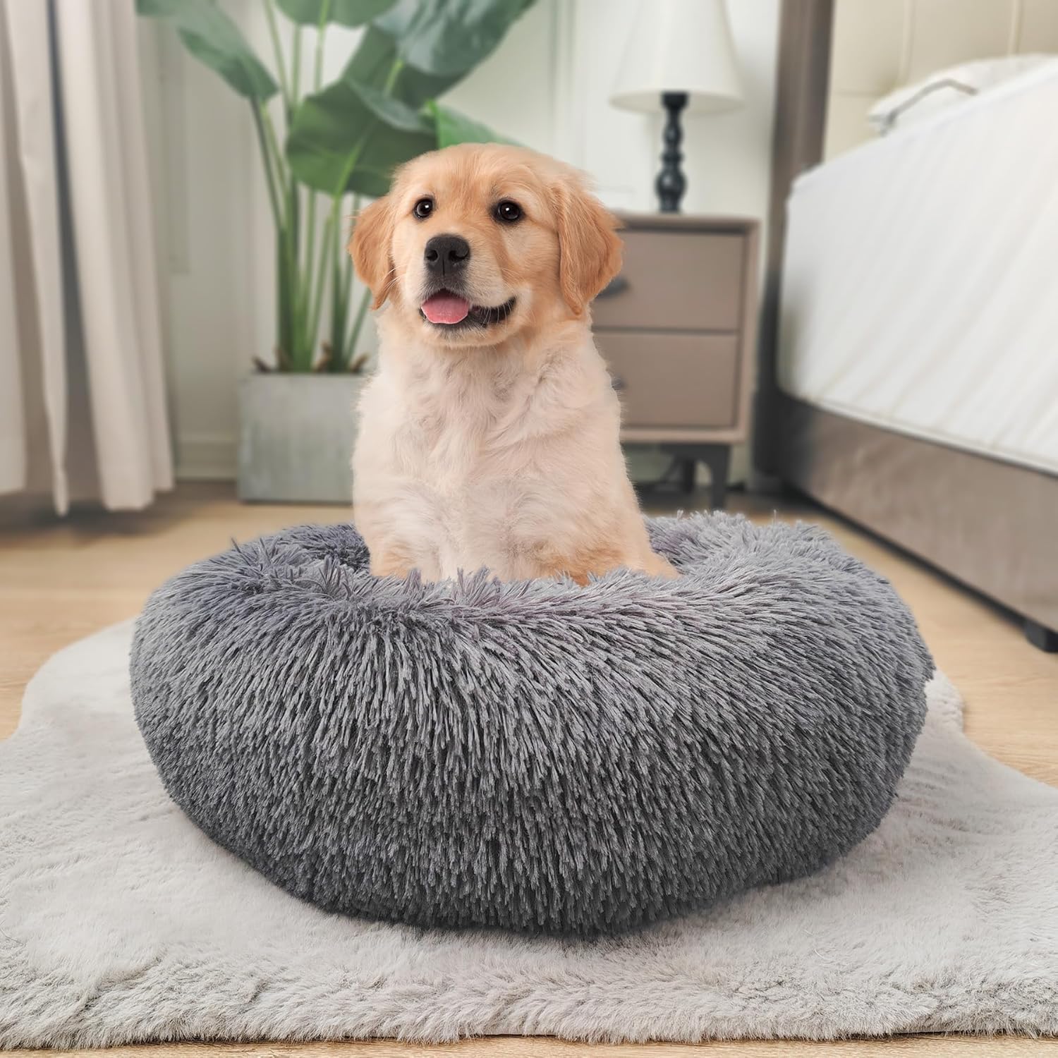 review Deluxe Calming Dog Bed for Small Medium Dogs & Cats - Anti-Anxiety Donut Cuddler Cozy Warm Soft Fluffy Faux Fur Round Beds Sizes 24