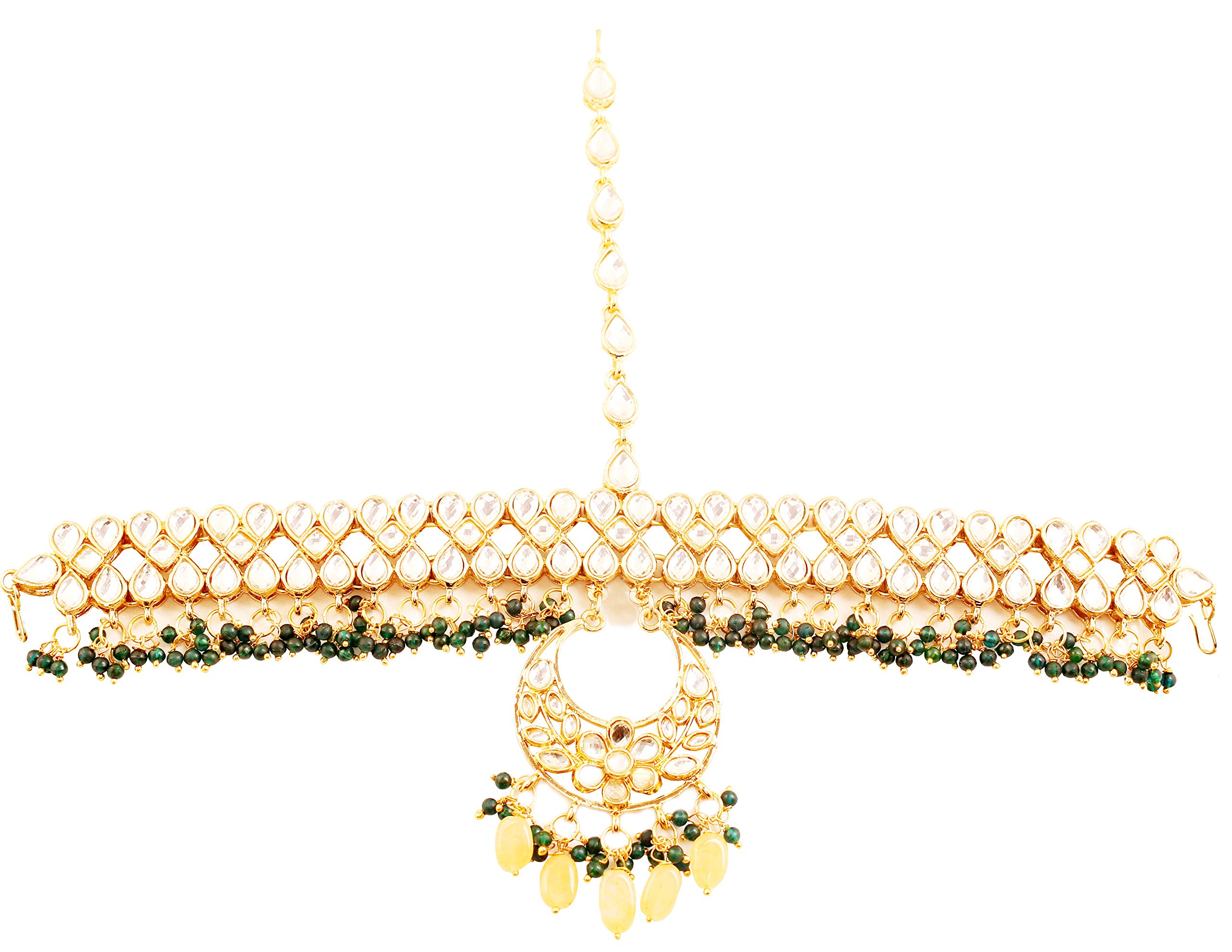 Touchstone Indian Bollywood Exclusive Mughal Era Inspired Stylish Traditional Kundan Polki Look Designer Jewelry Wedding Mathapatti-Forehead Enhancer in Antique Gold Tone Women.