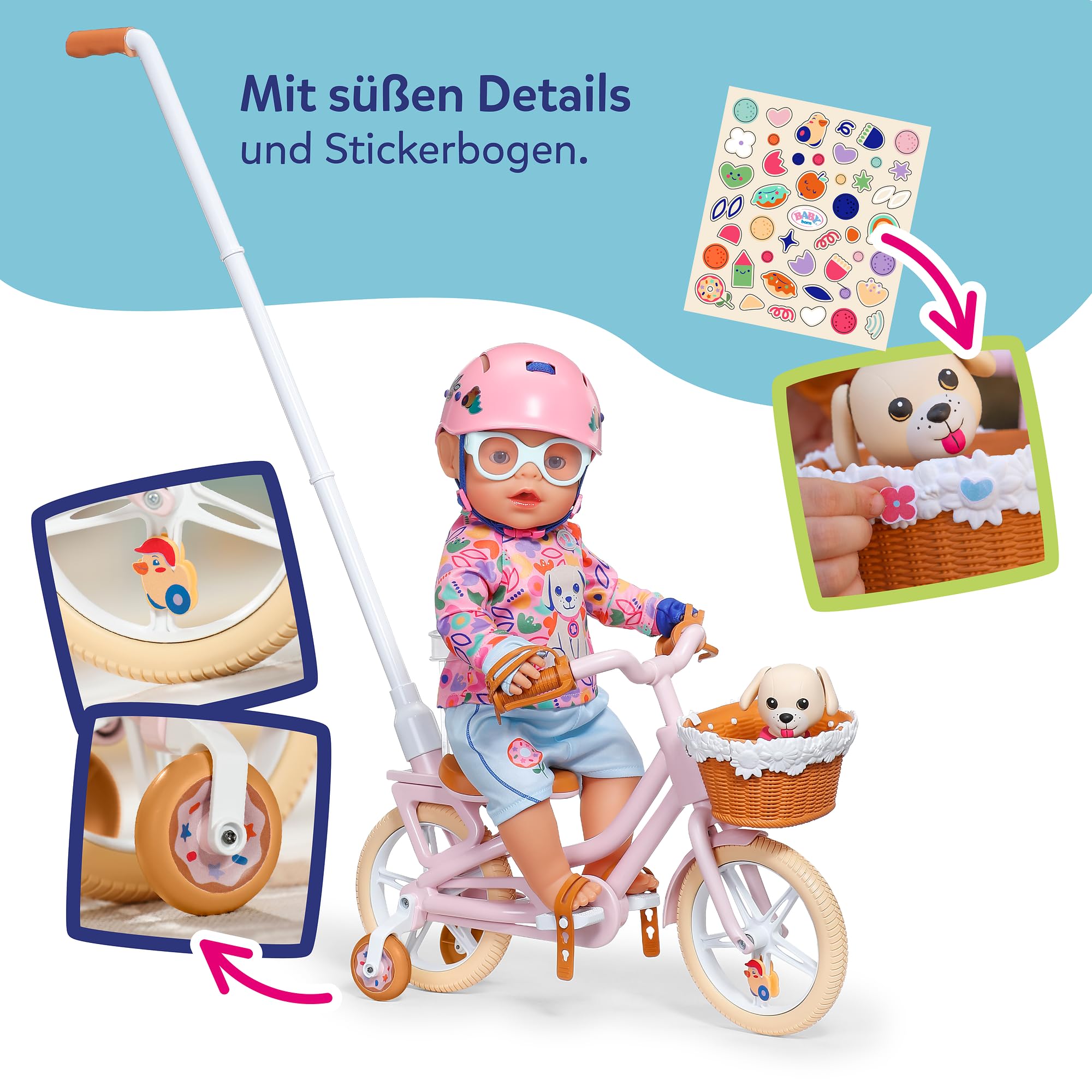 BABY born Fahrrad mit Lucky, Puppenfahrrad mit Korb, Lenkstange und Stickern