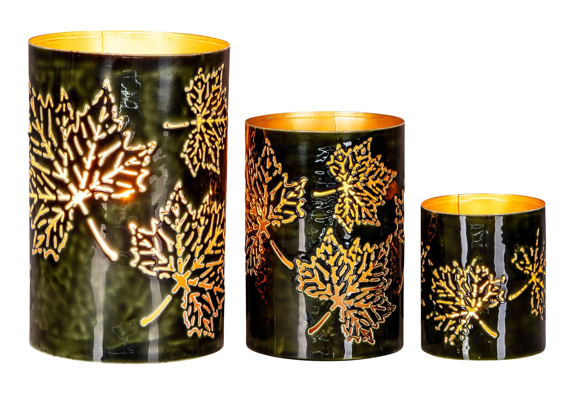 levandeo 3er Set Windlichter H10-20cm Teelichthalter Grün Gold Metall Herbstblatt Herbstdeko Tischdeko Kerzenhalter Ahorn Ahornblatt