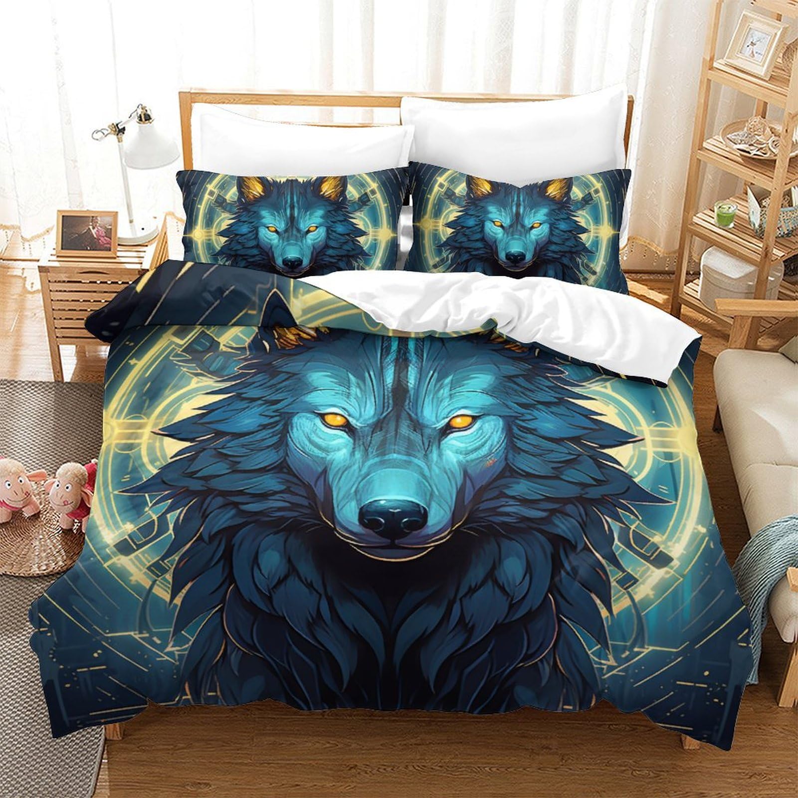 Housse de couette loup 220x240cm microfibre anti-plis à fermeture éclair