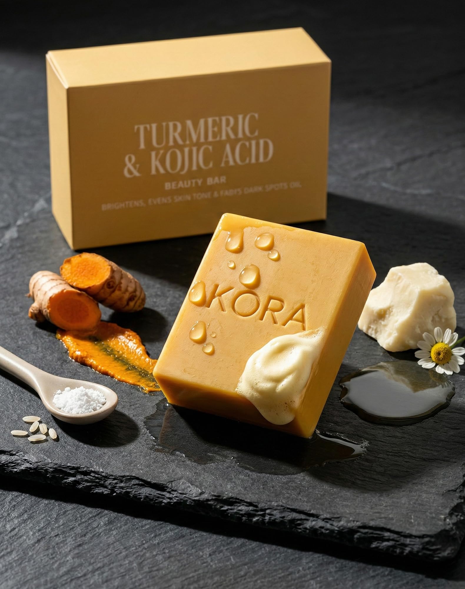 KORA BALM Turmeric and Kojic Acid Soap for Dark Spots - Brightening Face Body Wash w VC Hyaluronic