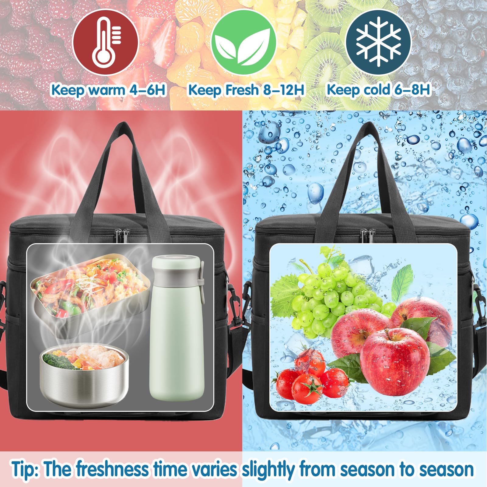 BBLTIFF Borsa Termica Porta Pranzo, 30.7L Borsa Doppio Frigo Grande, Borsa Porta Pranzo, Borse Termiche con Tracolla Regolabile, Tasche Multiple e Apribottiglie per Picnic, Campeggio, Ufficio (Nero) - 5