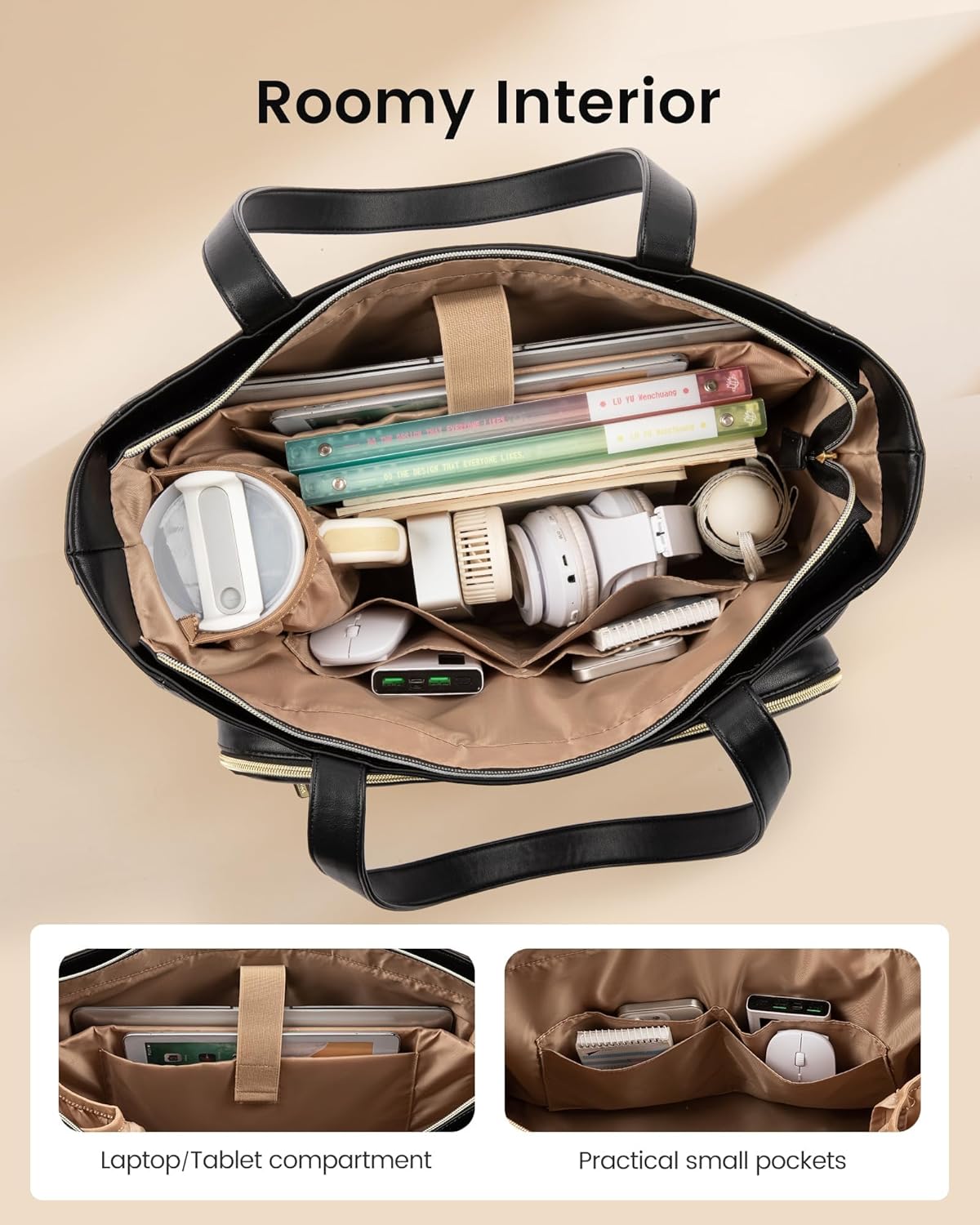 LOVEVOOK Teacher Tote Bag with Accordion File Pocket, Soft PU Leather Work Briefcase Quilted Laptop Bag with Large Cup Holder - Image 5