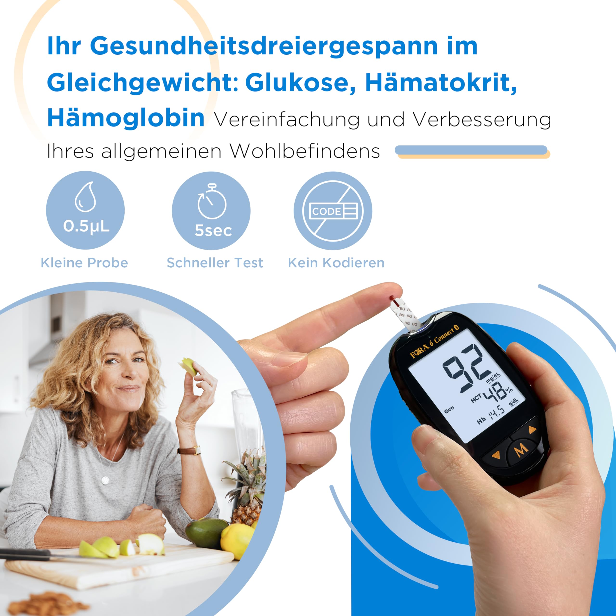 FORA 6 Connect Blutzuckermessgerät (mg/dl) set mit 50 Stück, einzeln verpackt Blutzucker-, Hämatokrit- und Hämoglobin-Teststreifen (3-in-1: BG, HCT, HB), Schwarz