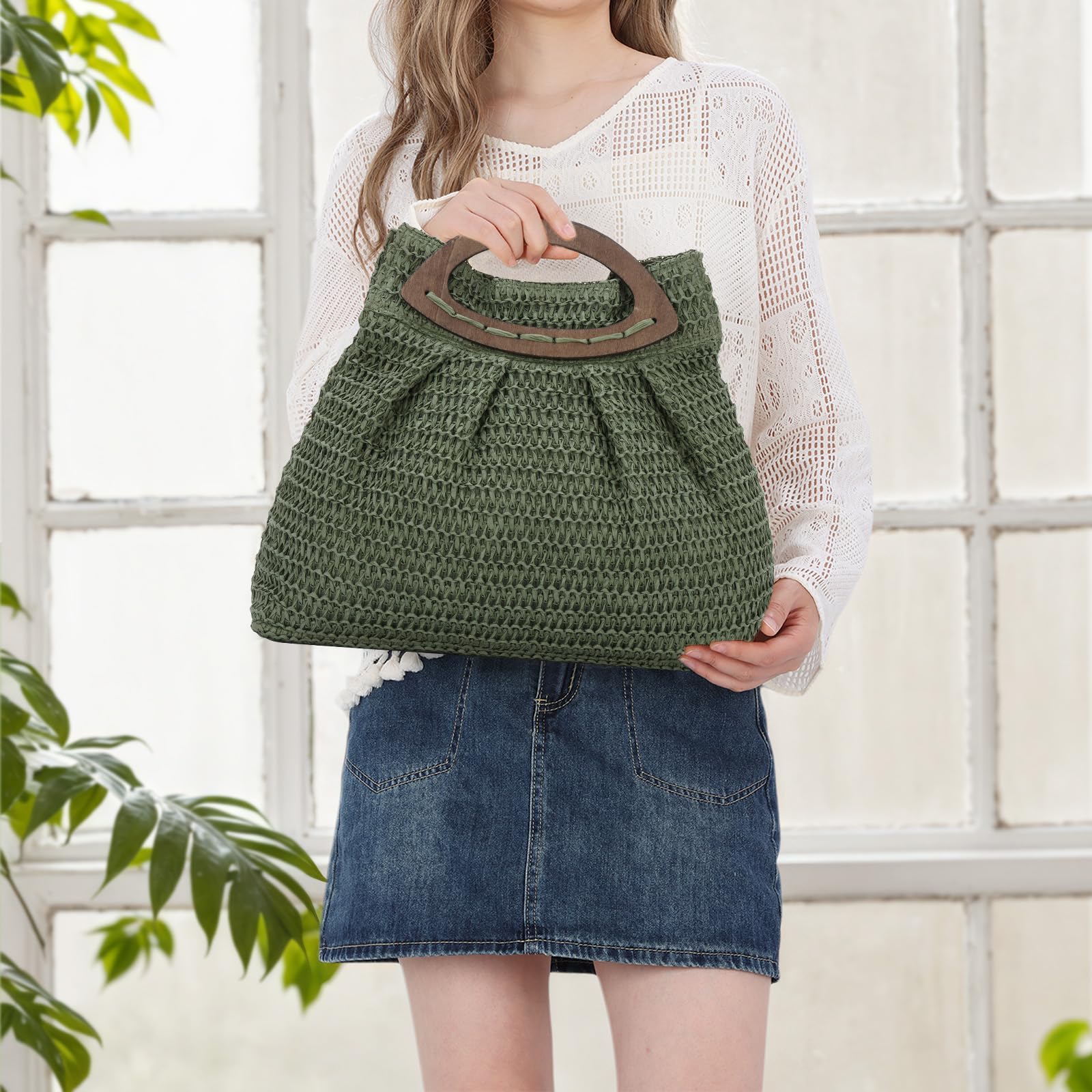 Sac à main en Paille pour Femmes - Sac Fourre-tout de Plage d’été Tissé Sac à main en Paille de Voyage avec Poignée en bois pour les Vacances de Fête