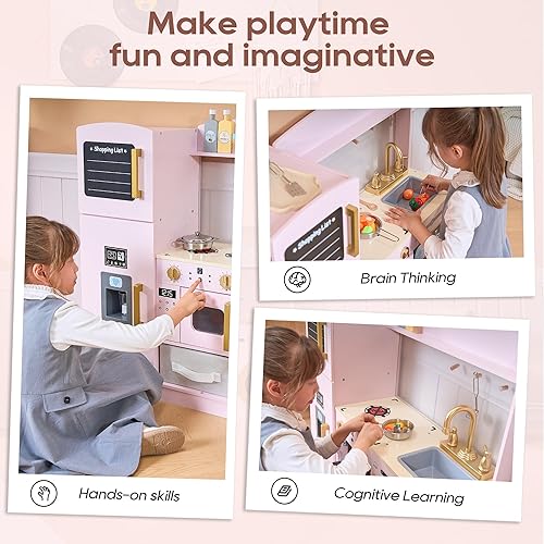 Miniatura 6 de Juego de cocina para niños, juego de cocina de madera para niños con luces y sonidos reales, cocina de juguete interactiva con cajas de fieltro para
