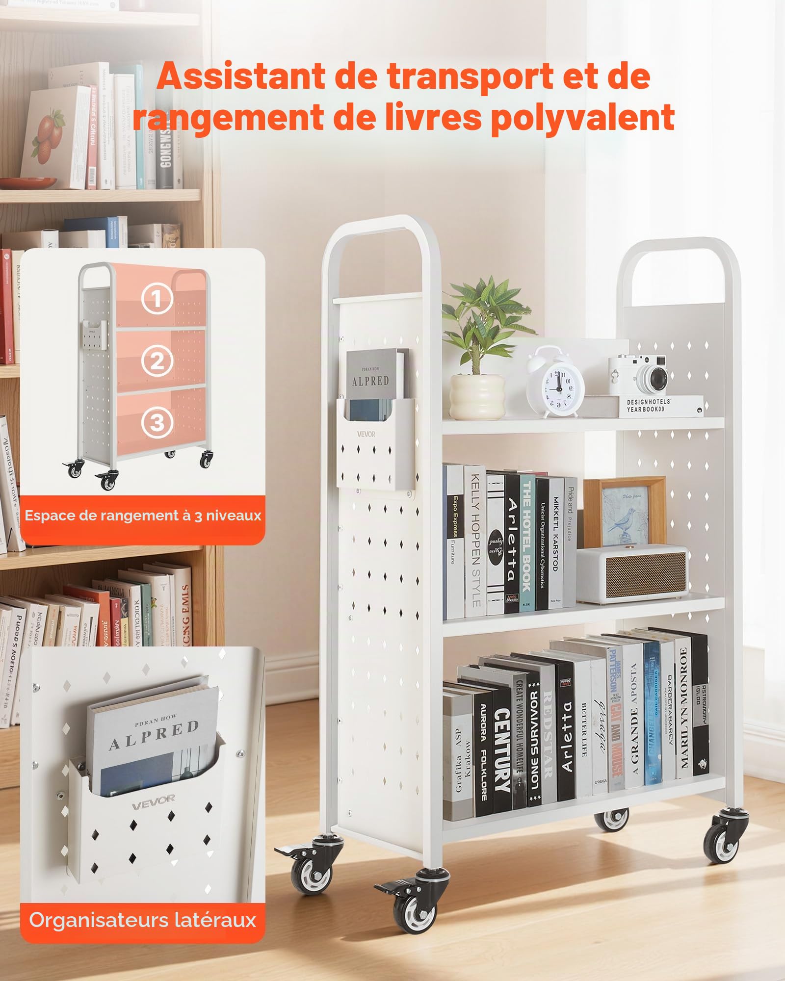 VEVOR Chariot à Livres, Capacité de Charge 150 kg, Chariot de Bibliothèque, 77 x 38 x 122 cm, Étagère de Rangement Livres Simple Face en L avec Roulettes Double Frein, pour Salon, Bureau, École, Blanc