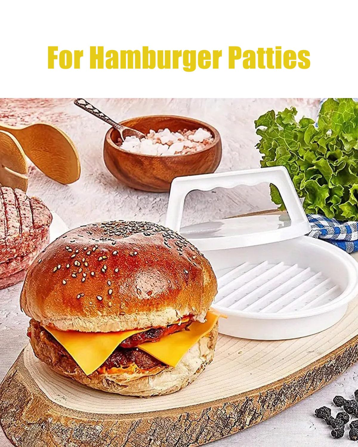 HOMOMSAE Burger Press Patty Maker, Hamburger Patty Press Mold, Ergonomic Design with 50 Patty Papers(12CM) for Kitchen BBQ Grill - Plastic, White