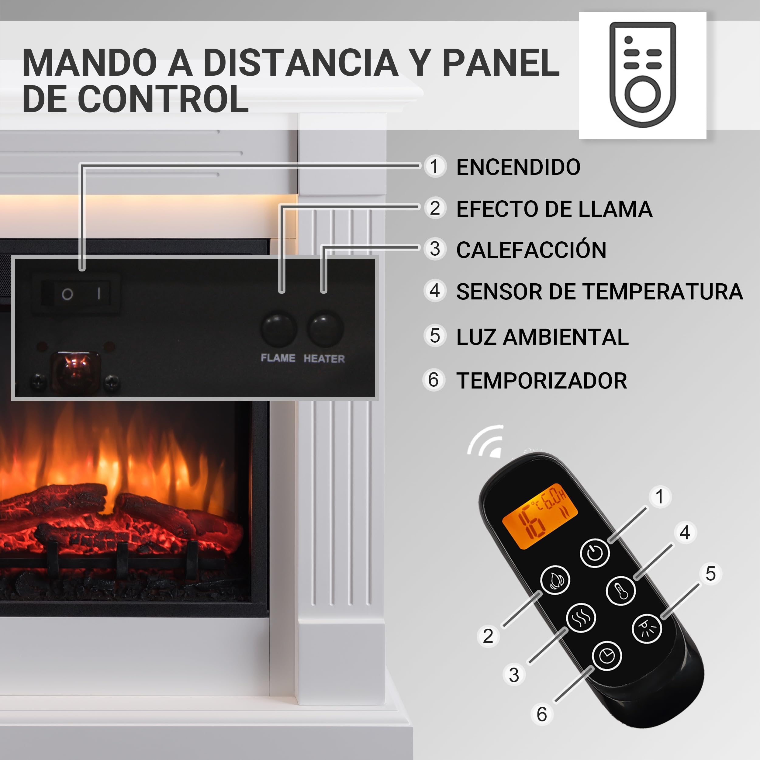 BALDERIA Chimenea eléctrica de pie Ladina, 2000 W, Blanco | Efecto de Llama 3D, Calentador, Calefacción, Iluminación Ambiental LED, Mando a Distancia, Temporizador y termostato
