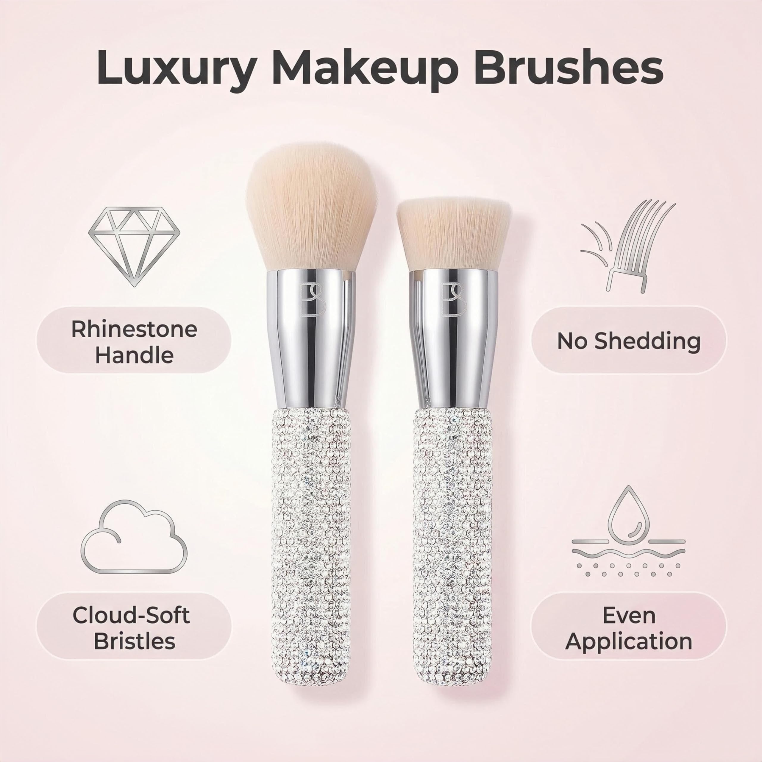 BS-MALL Brochas de maquillaje de lujo hechas a mano con diamantes para rubor, base sintética de primera calidad, cerdas sintéticas suaves, paquete de 2