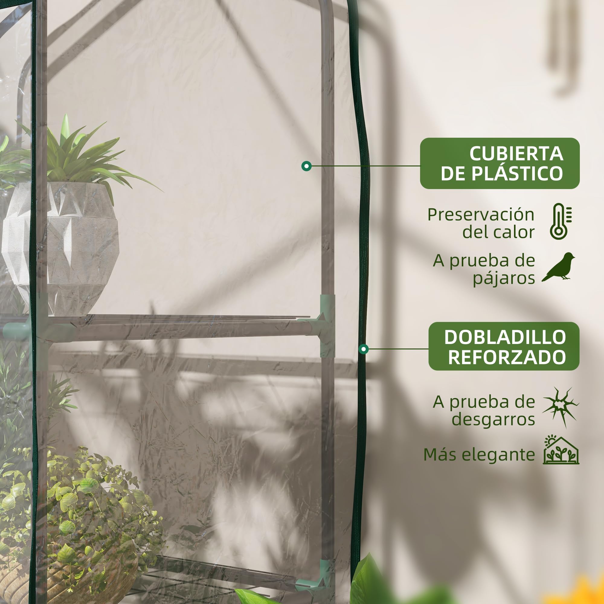 Outsunny Invernadero de Jardín de 3 Niveles Invernadero de Terraza con 3 Estantes Puerta con Cremallera Marco de Acero y Cubierta de PVC para Cultivo de Plantas Flores 59x39x127 cm Transparente
