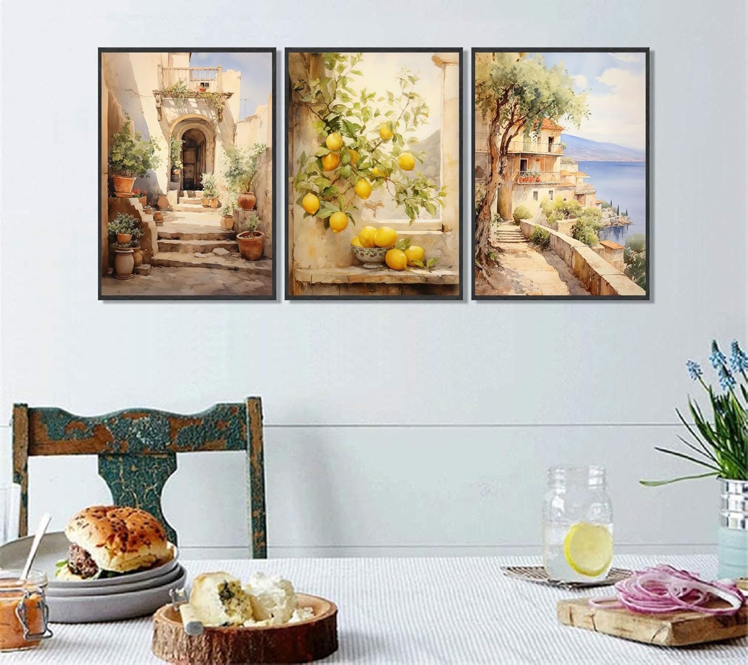 FEACFQKJ 3Pcs Italian Amalfi Coast Wall Art Vintage lemon Tree Wall Decor Print Artwork Mediterranean Travel Landscape Painting Pictures for bedroom living room home decoration 16x24in Poster