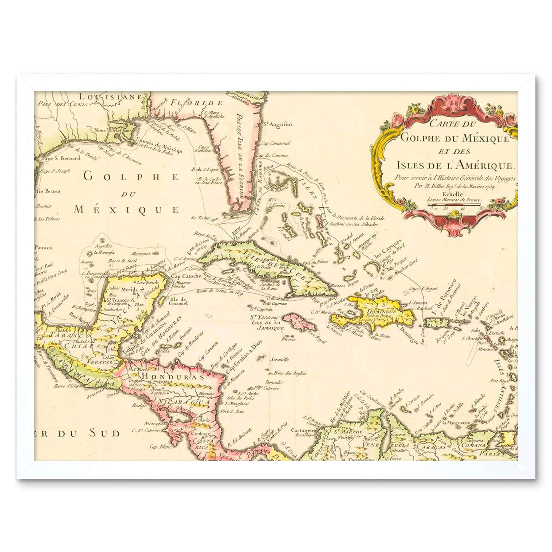 Wee Blue Coo Map Gulf Mexico Caribbean Sea Central America Cuba 1754 France Art Print Framed Poster Wall Decor 12X16 Inch
