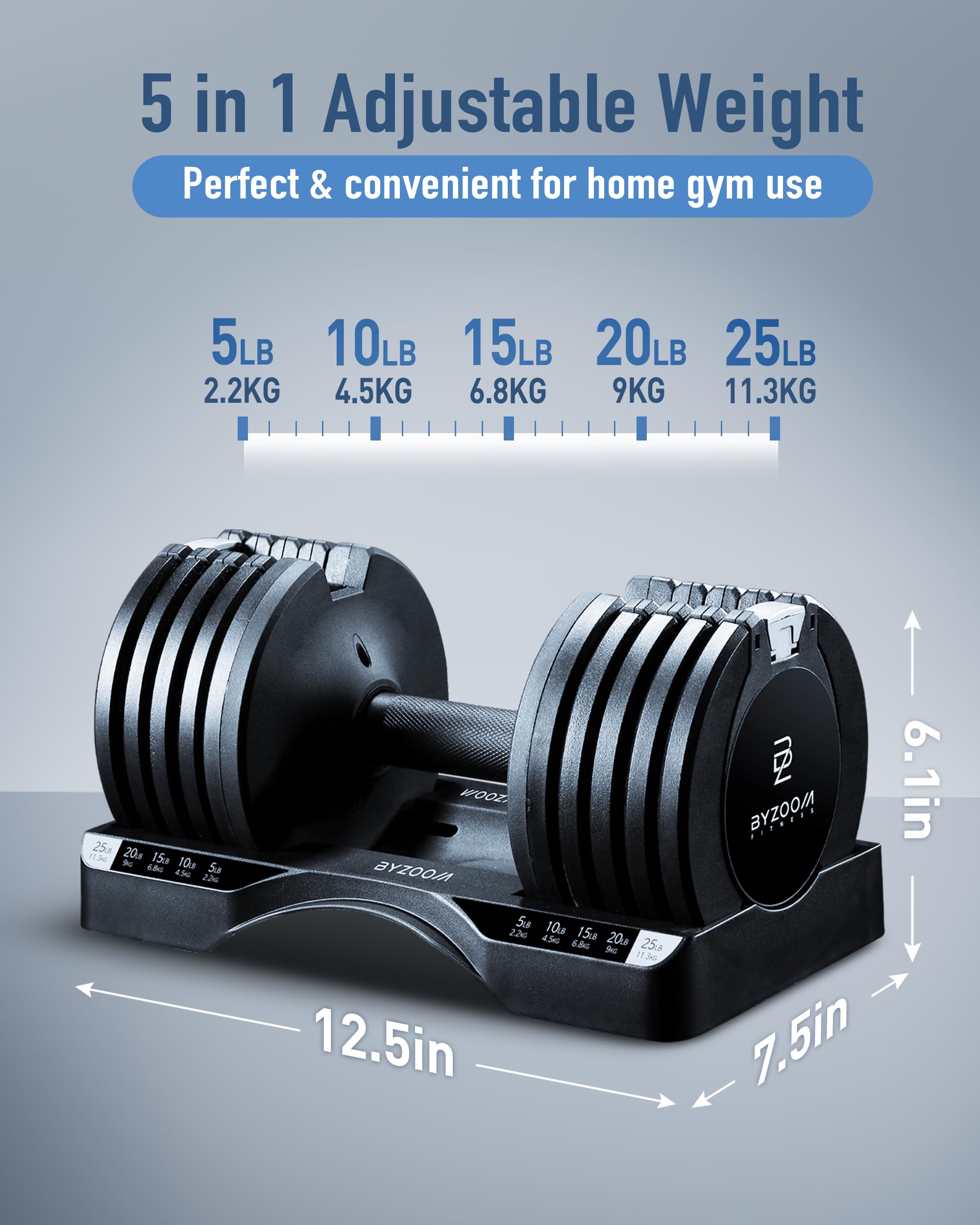 Adjustable Dumbbell – 12.5/25lb Single Unit OR Set of 2 – 5-in-1 Adjustable Weight for Home Gym, Strength Training & Fitness Workouts, White OR Black