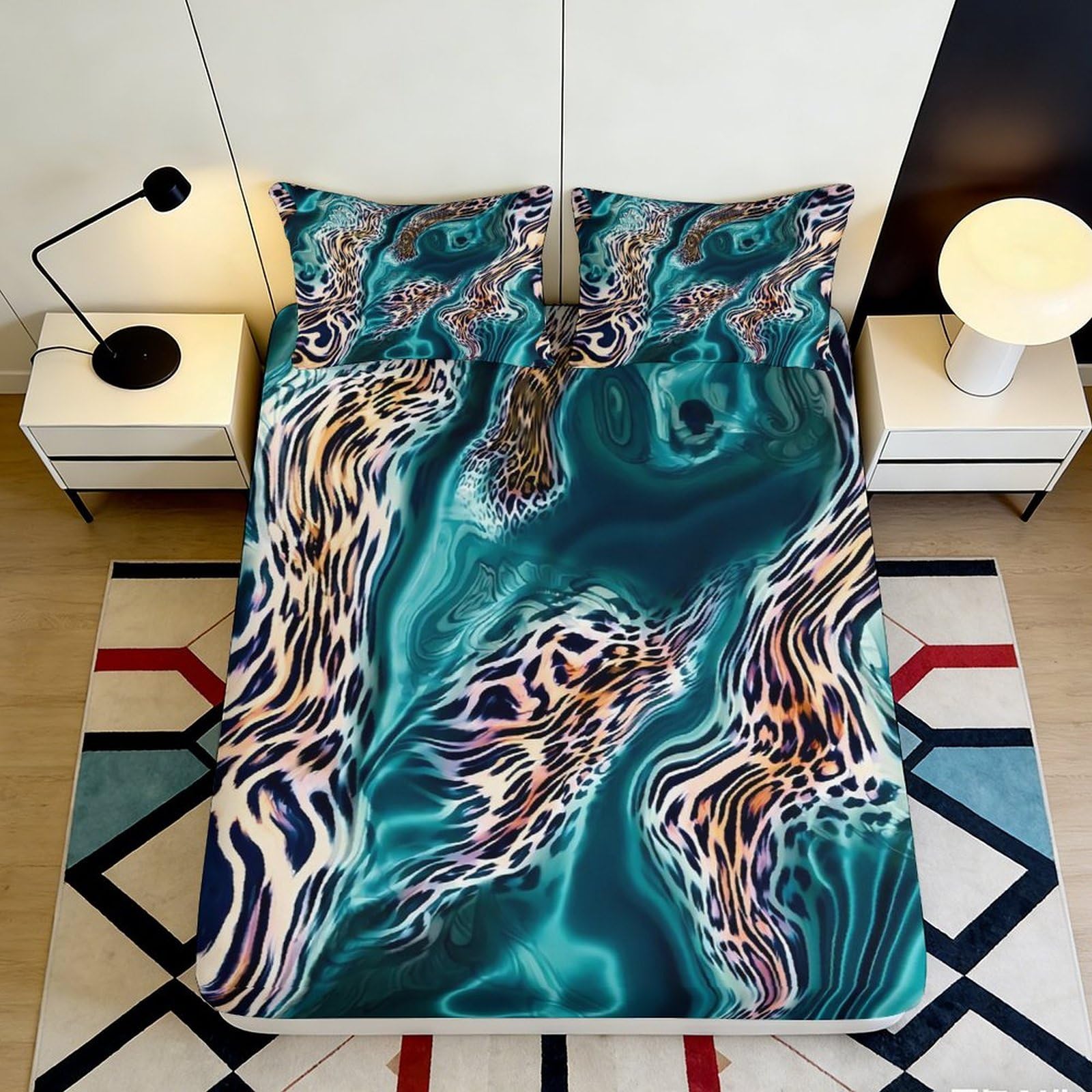 3D Printed Teal Leopard Pattern Fitted Sheet Microfiber Soft Bed Cover for Bedroom Dorm Mattress Decor 160x200x25cm