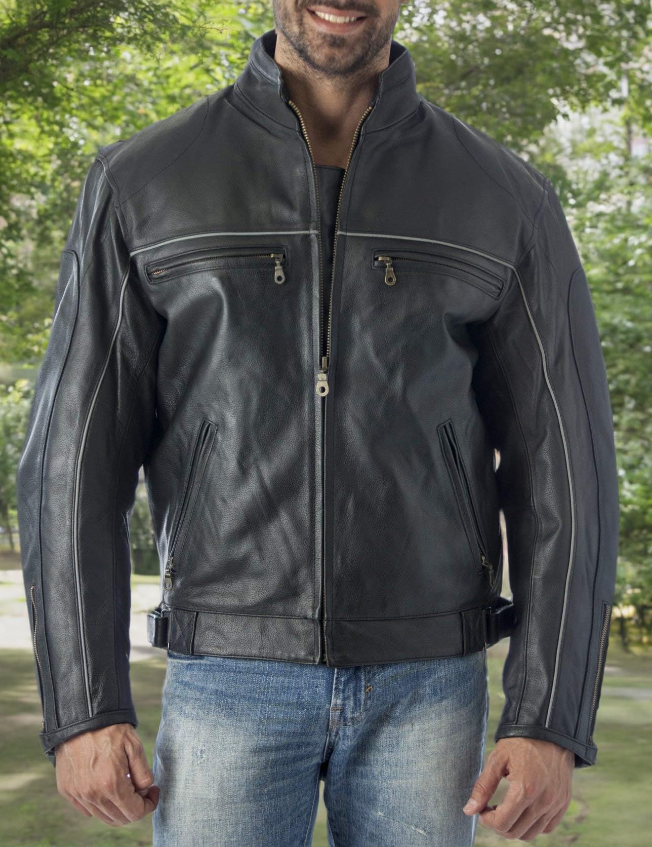 REED Mens Vented Leather Motorcycle Jacket with Light Reflector — view 4