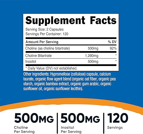 Miniatura 2 de Nutricost Suplemento de colina e inositol (1,000 mg) 240 cápsulas - 500 mg de colina, 500 mg de inositol, sin OMG, sin gluten, 120 porciones
