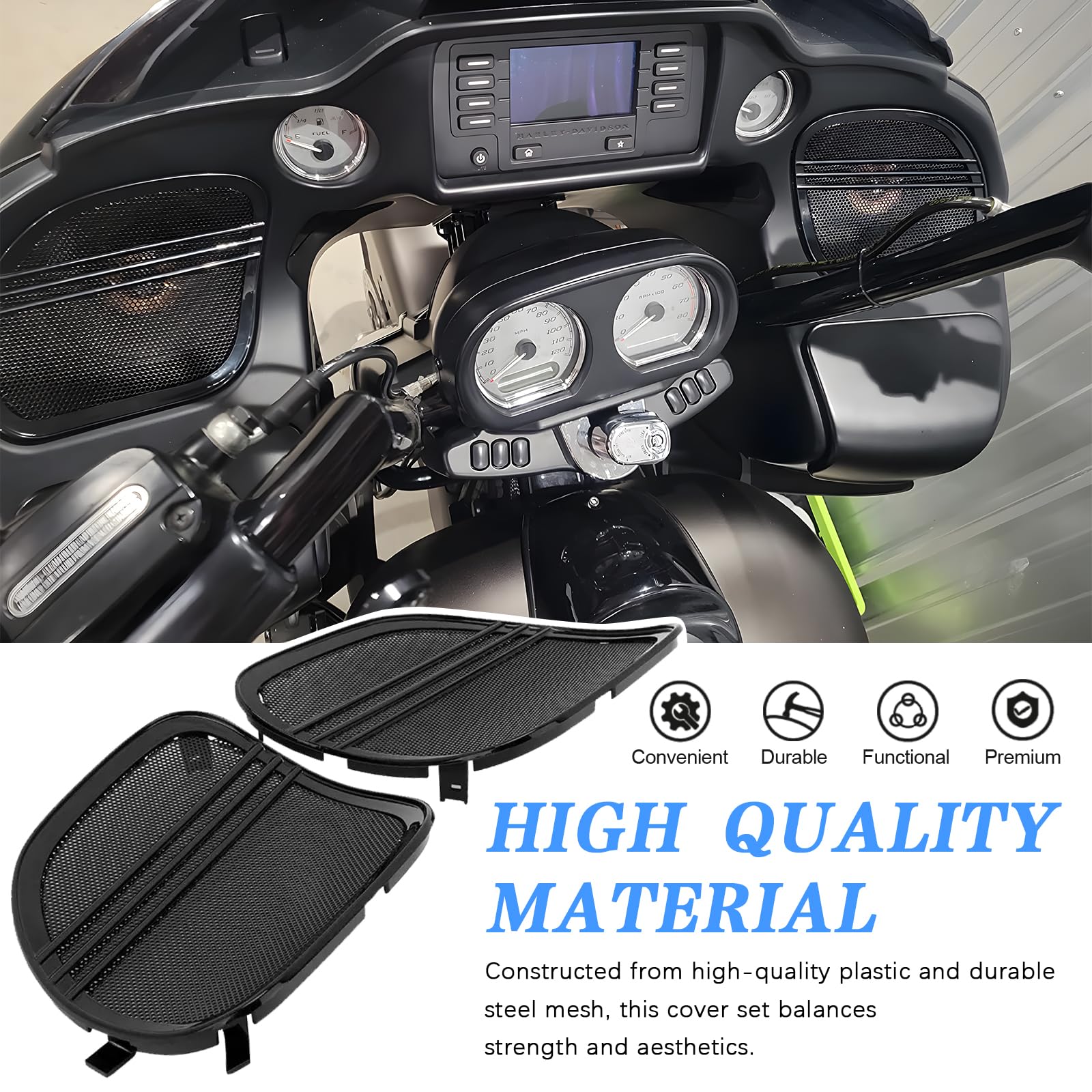 Motocyklowe grille głośnikowe Tri-Line przednia owiewka osłona głośnika pasuje do Harley Road Glide FLTRX FLTRK FLTRXS FLTRUSE FLTRXSE 2015-2023 czarna 1 para