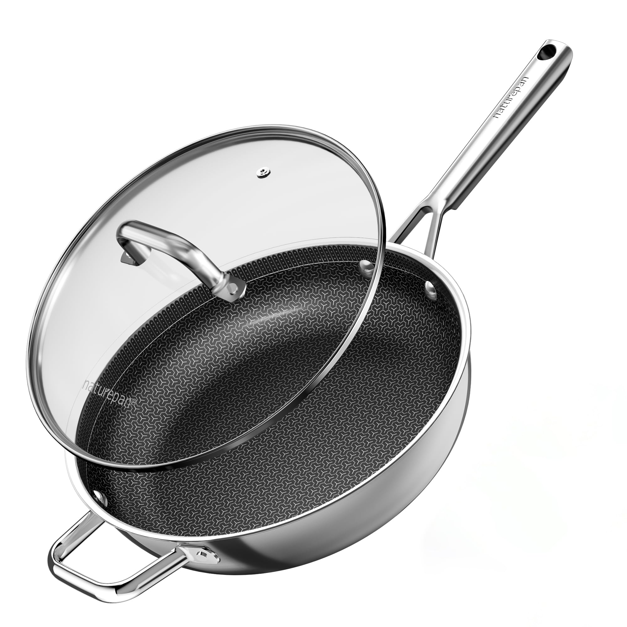 naturepan 28cm Hybrid Ceramic Deep Frying Pan, 5-Ply Diamond-Titanium Nonstick Stainless Steel Pan, Hexagon Surface, Dishwasher/Oven Safe