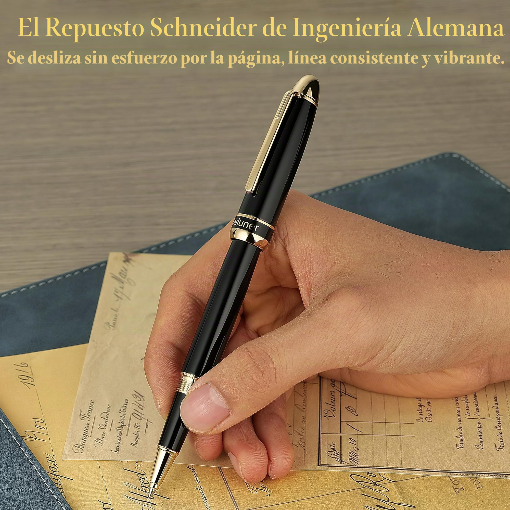 BEILUNER 315 Bolígrafo Roller de Lujo, Acabado en Oro 24K Premiun y Laca Piano Pulida, Set de Regalo Ejecutivo para Profesionales y Graduados, Estilográfica de Oficina Refinada - Negro y Oro