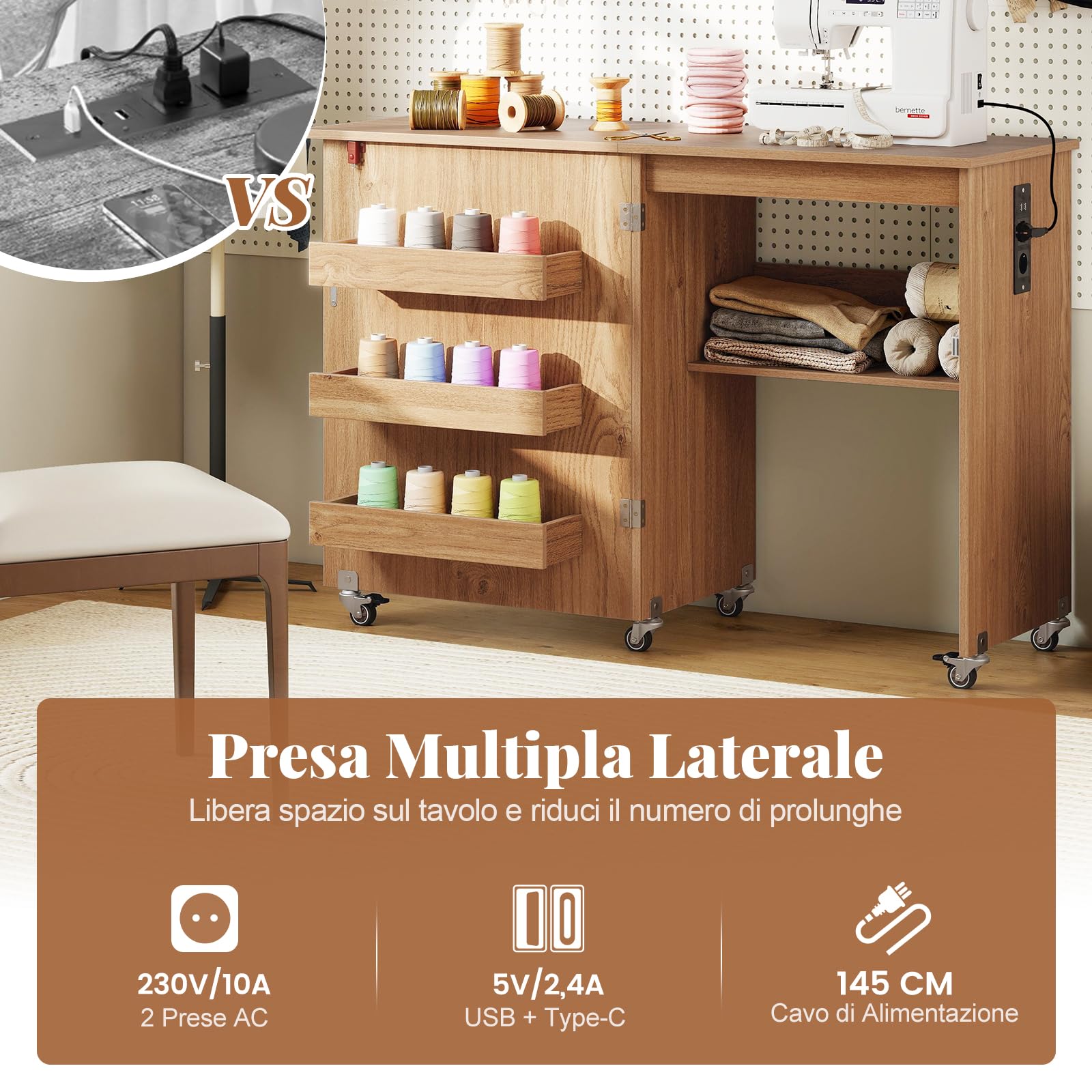 RELAX4LIFE Mesa de Costura Plegable con 3 Compartimentos, Estante, Estación de Carga Integrada, Mesa para Máquina de Coser con Ruedas, 116x40,5x78cm (Natural-con Enchufe)
