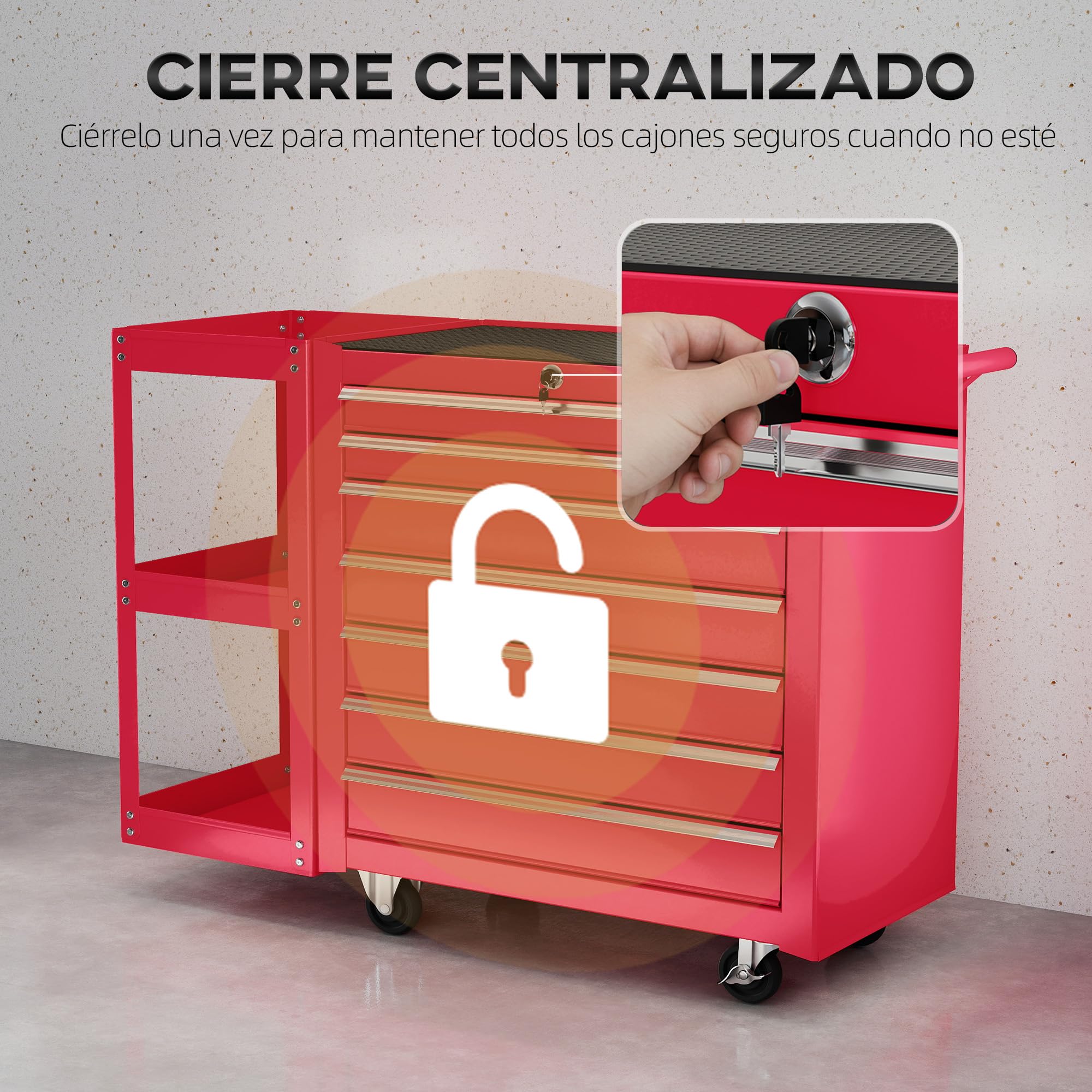 HOMCOM Carro de Herramientas con 7 Cajones, Carro de Taller con Estantería de 3 Niveles Desmontable, Sistema de Cierre Central, Asa, 2 Ruedas con Freno de Bloqueo, Rojo
