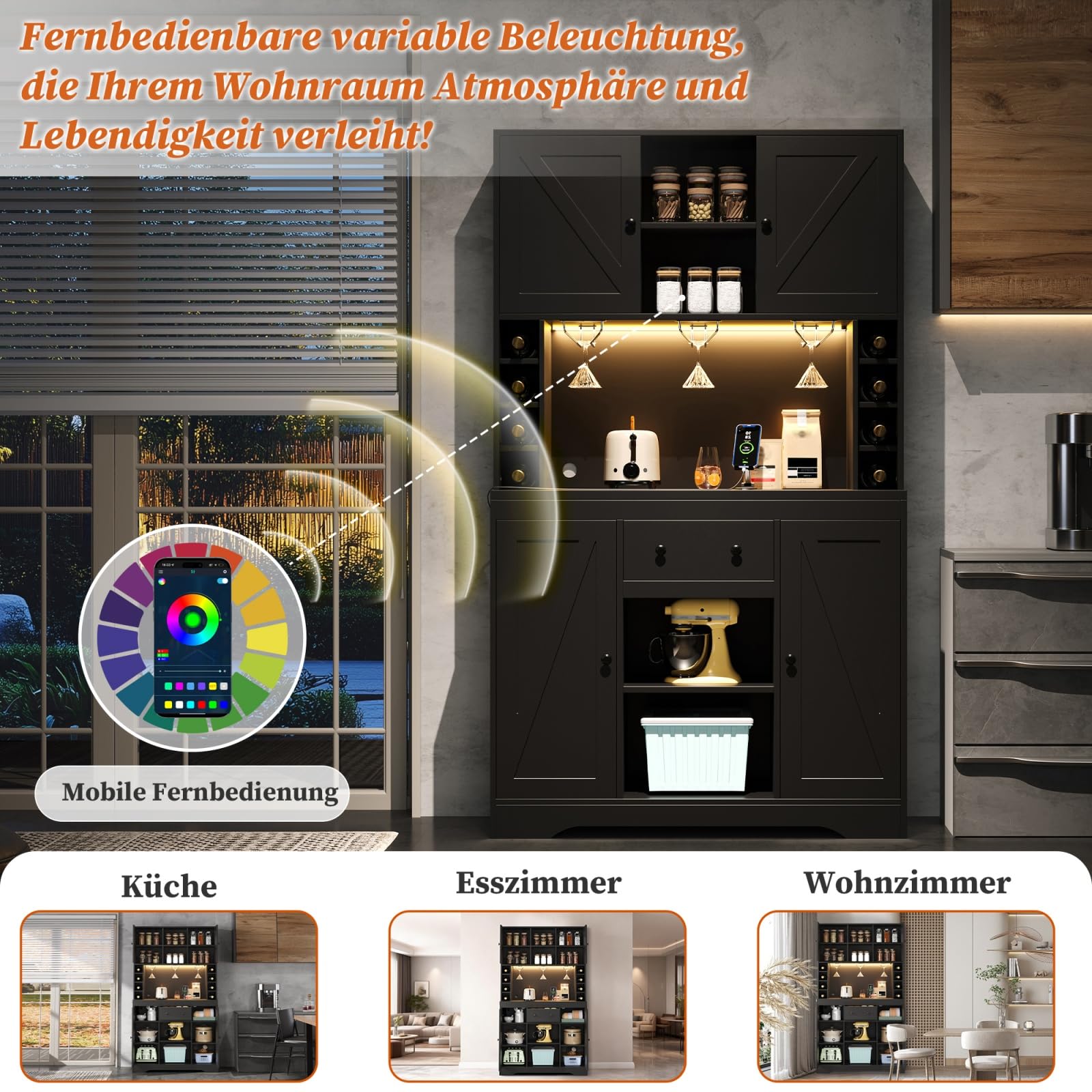 Sweiko Kitchen furniture are equipped with drawers, wine cabinet with adjustable shelves, stainless steel glass racks, bottle racks, LED lighting