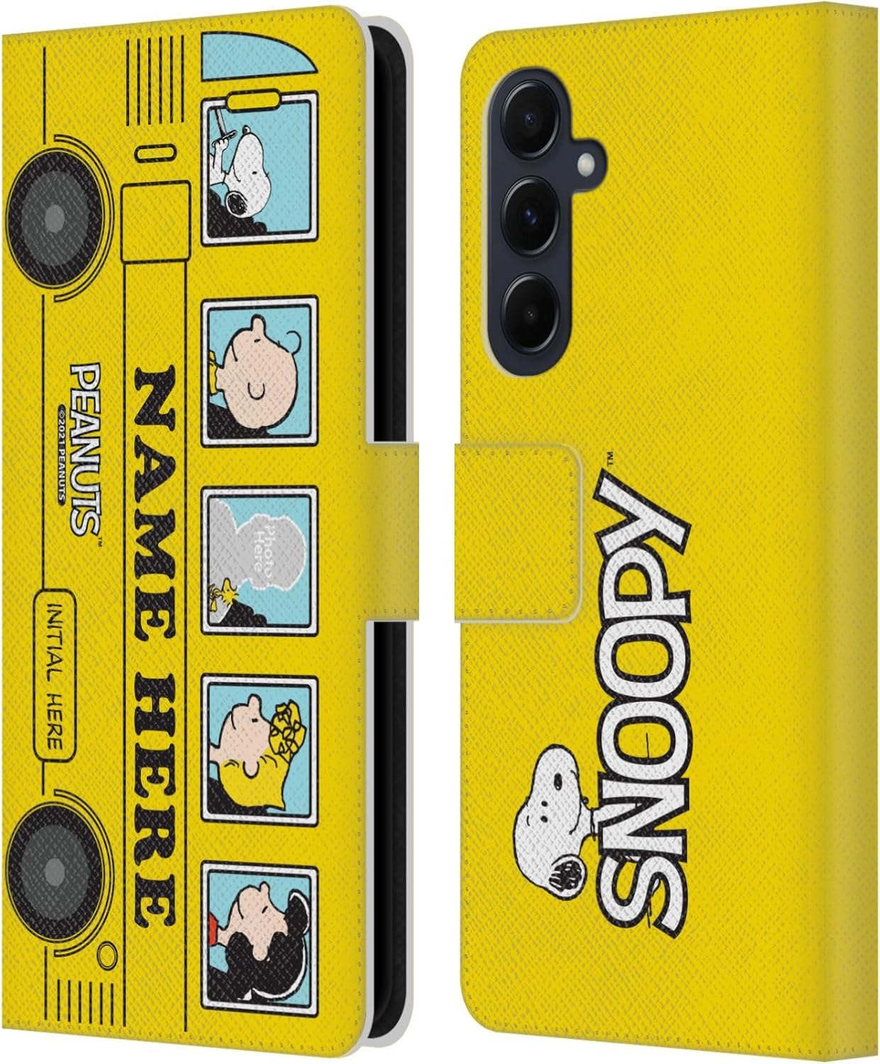 Head Case Designs Officially Licensed Custom Customized Personalized Peanuts Yellow Bus Art Leather Wallet Case Compatible with Samsung Galaxy A55 5G