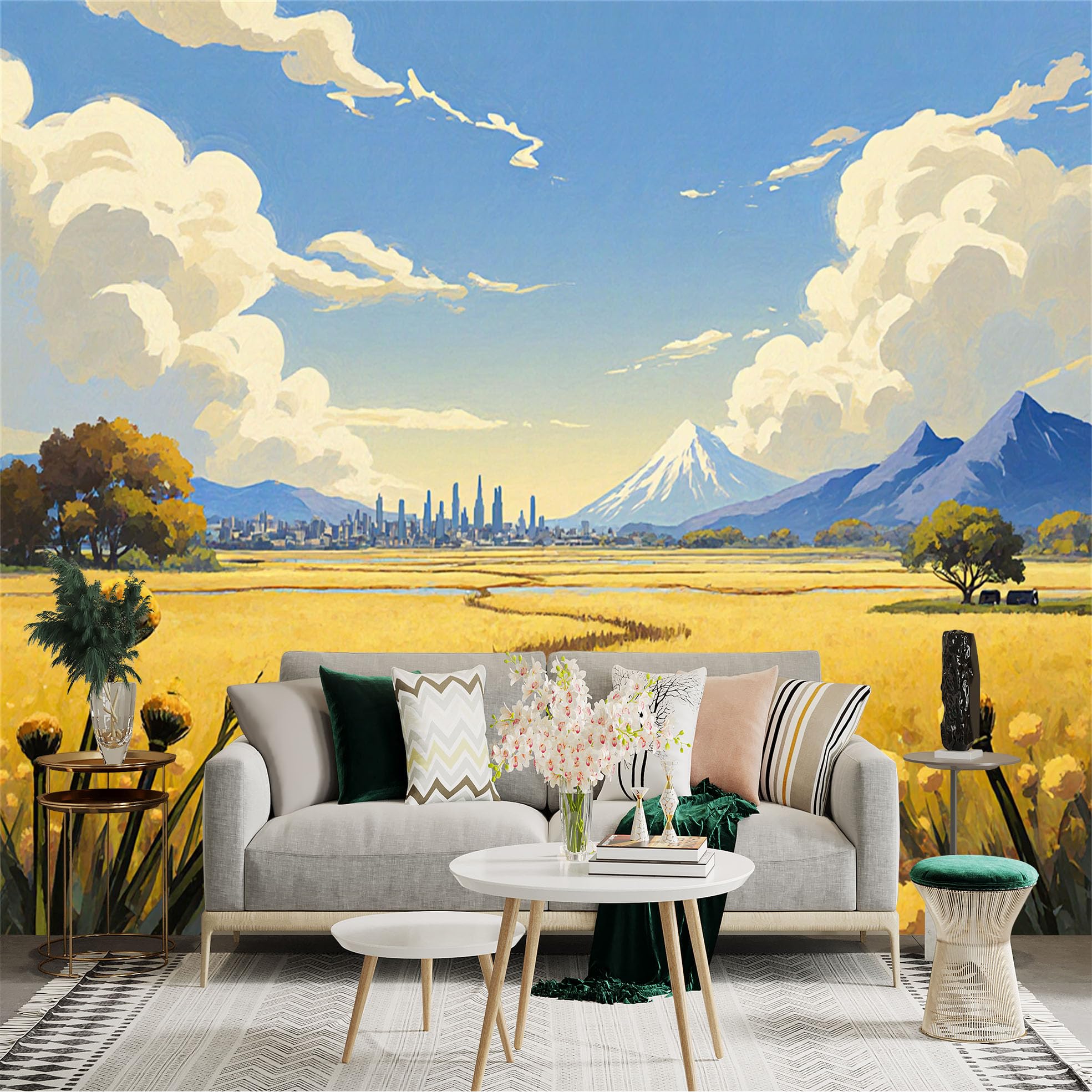 Lnzczhyre Xc260505049 Custom Size Wall Sticker Mural， Golden Wheat Field With Distant City Skyline And Majestic Snow Mountain， For Wall Decoration， Peelandstick Wall Decals.