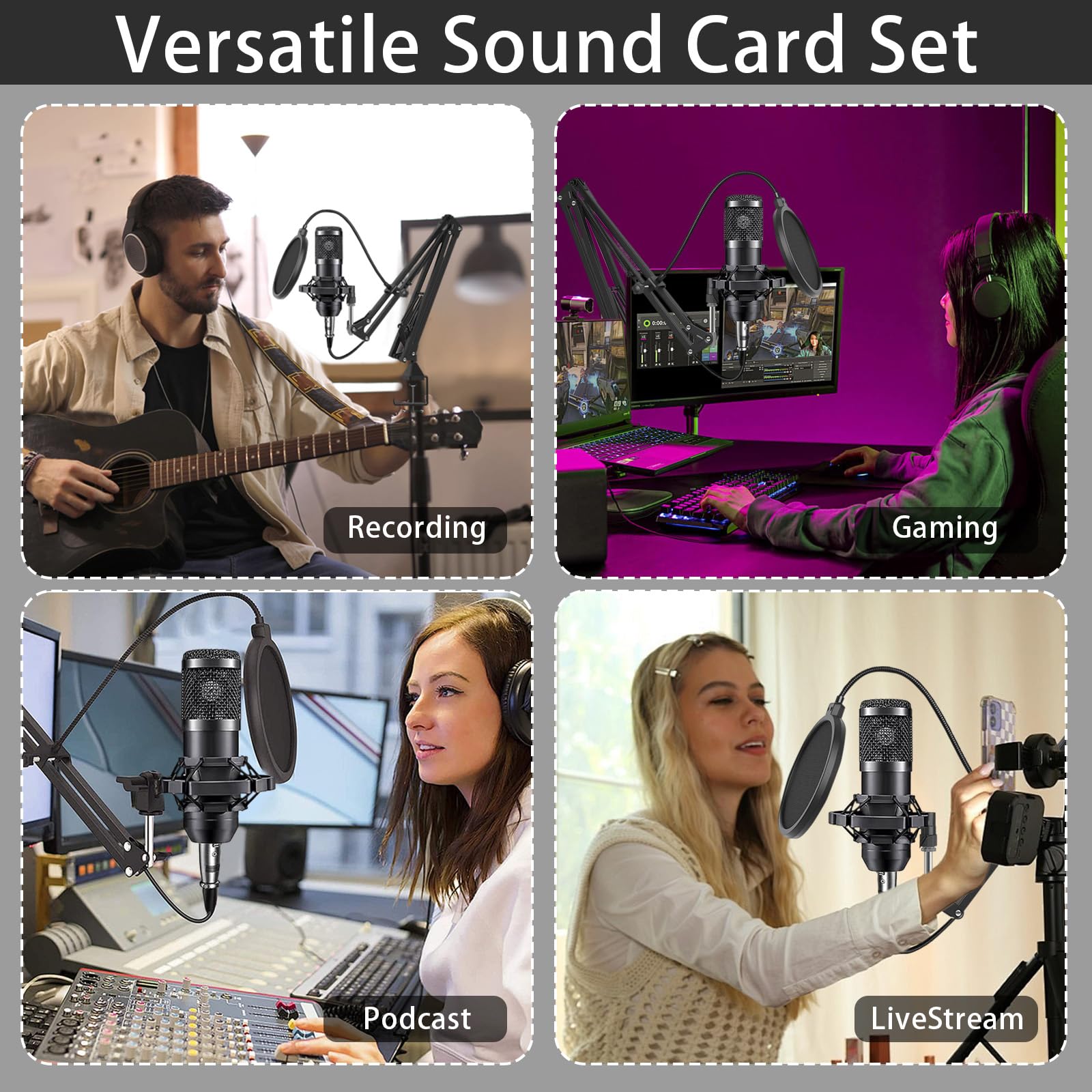 BM800 Podcast Komplettset für 2, Studio-Mikrofon mit Nierencharakteristik, Audio-Interface & DJ-Mixer, ideal für Live-Streaming, Singen, TikTok & YouTube
