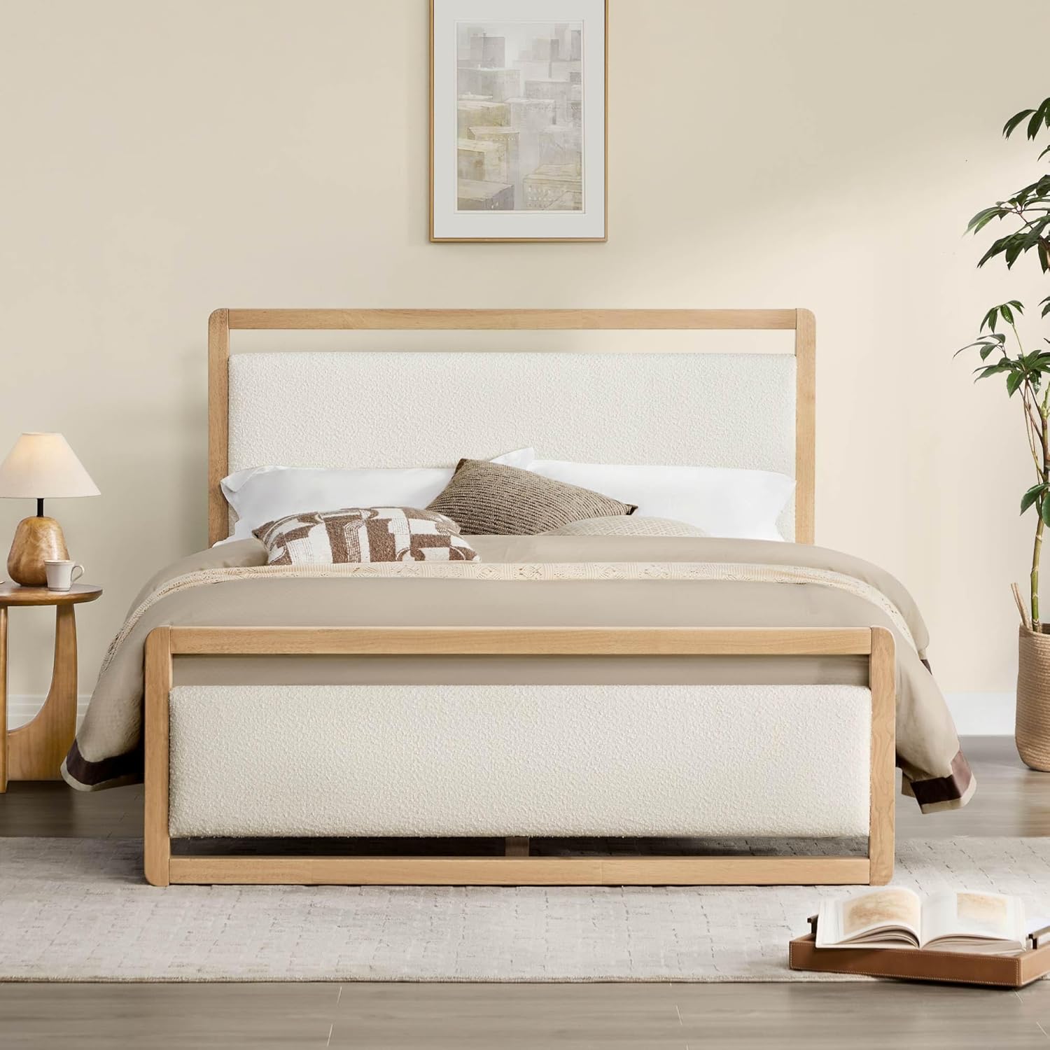 Wood Bed Frame with Headboard and Footboard, Mattress Foundation with USB Charging Strong Wooden Slat Support Noise-Free Easy Assembly No Box Spring Needed