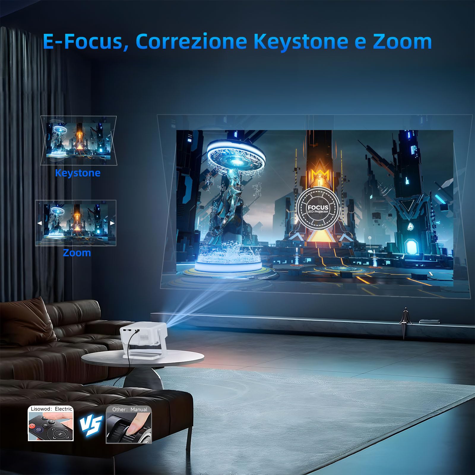 【E-Focus&Auto Keystone】Mini Proiettore 1080P Full HD 4K Support, Lisowod Portatile Videoproiettore Wifi Bluetooth con Base Ruotabile di 360°, Home Cinema Proiettore Compatibile con phone/PC/HDMI/USB