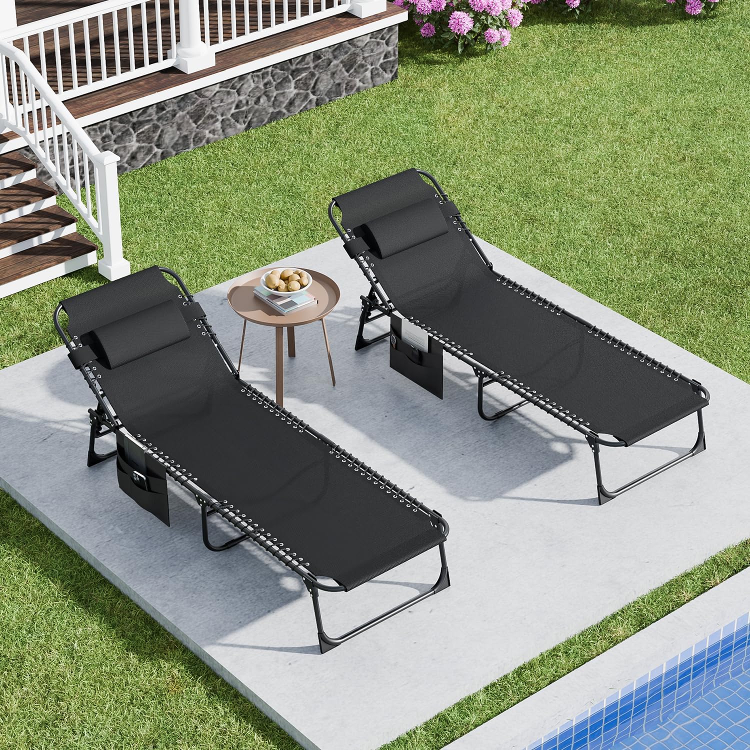 EBE Outdoor Lounge Chair Set of 2, Portable Patio Sun Tanning Chair with 4-Position Reclining Back, Pool Chaise Lounge Chair with Detachable Pillow and Side Pocket for Beach, Poolside, Black