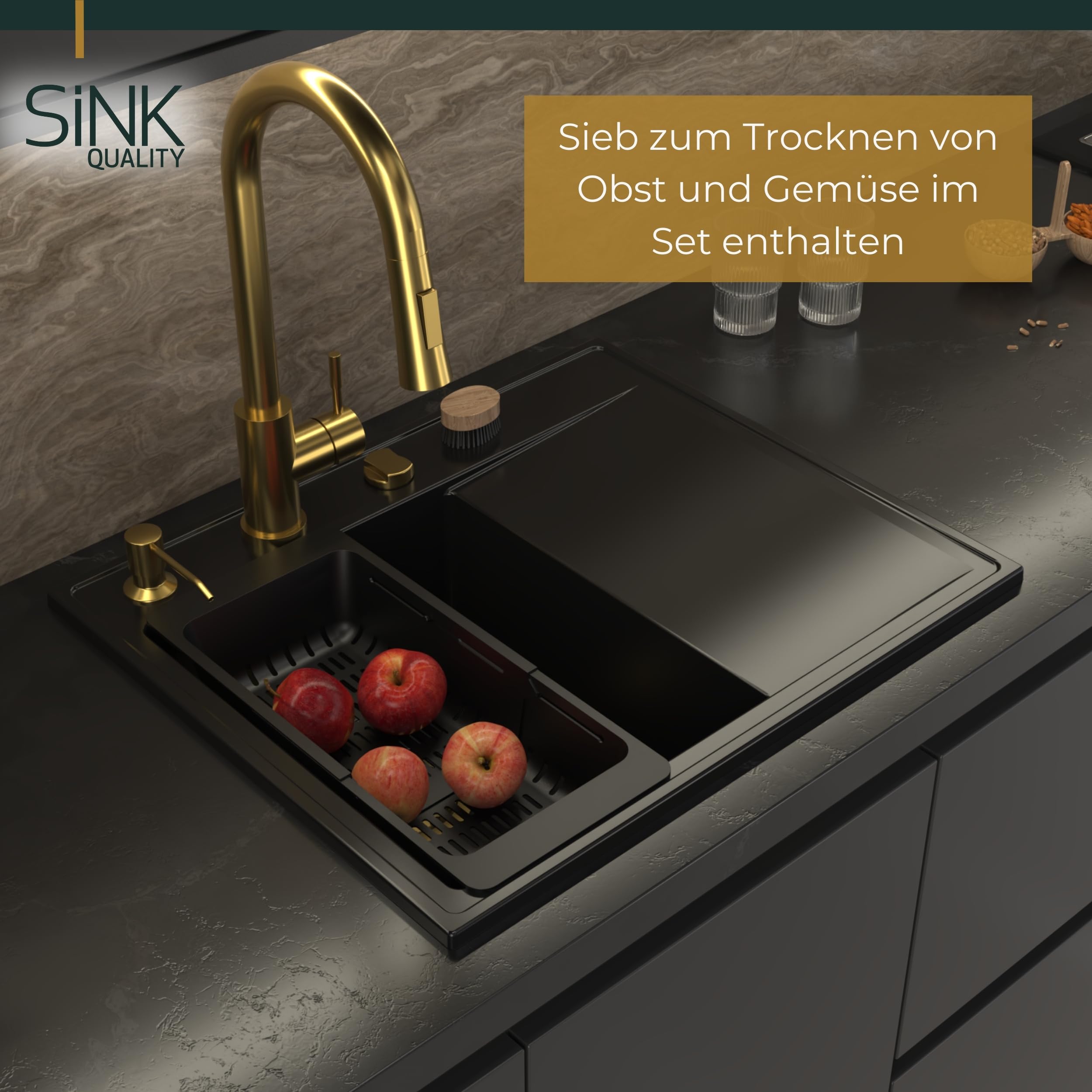 SINK QUALITY Spülbecken Komplettset mit Armatur 60x50 cm - Küchenspüle schwarz gesprenkelt mit Abtropffläche - Küchenarmatur, Seifenspender, Sieb, Siphon - Spüle links für 40er Unterschrank