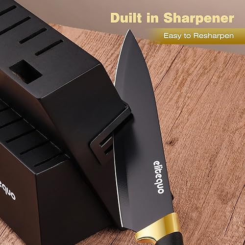 Miniatura 4 de Juego de cuchillos con bloque, juego de cuchillos de cocina aptos para lavavajillas con afilador integrado, juego de bloques de cuchillos negros de