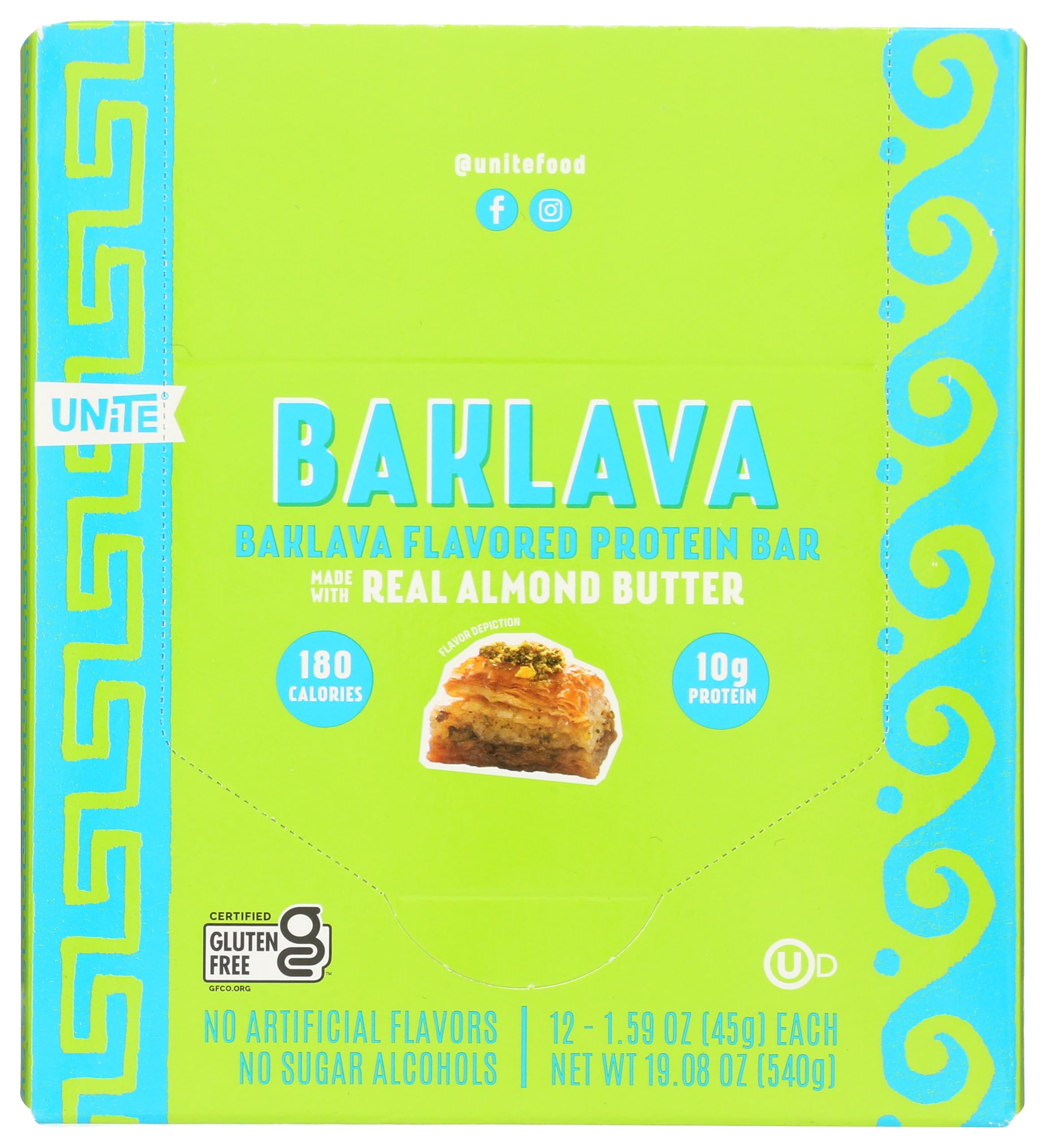 UNiTE Baklava Protein Bars, 12 Pack, 1.59 Oz, 10g Protein, High Fiber Bar, Almond Butter, Real Ingredients, Naturally Sweetened, Portable Snack for Office, Gym, or School