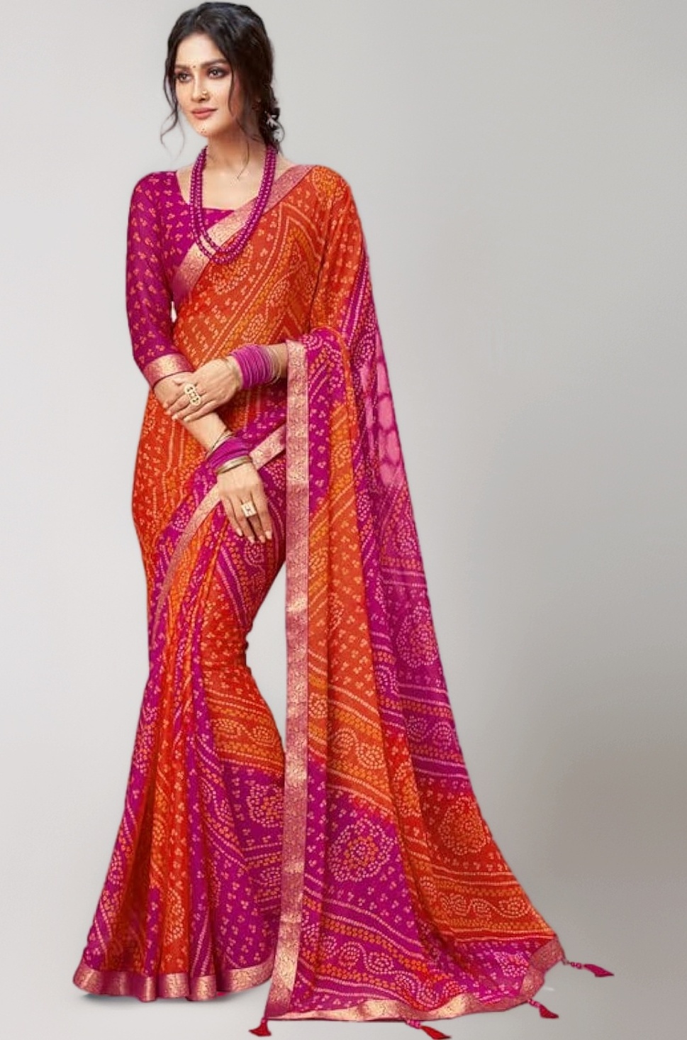 SIRIL Women's Bandhani Printed Chiffon Saree with Blouse