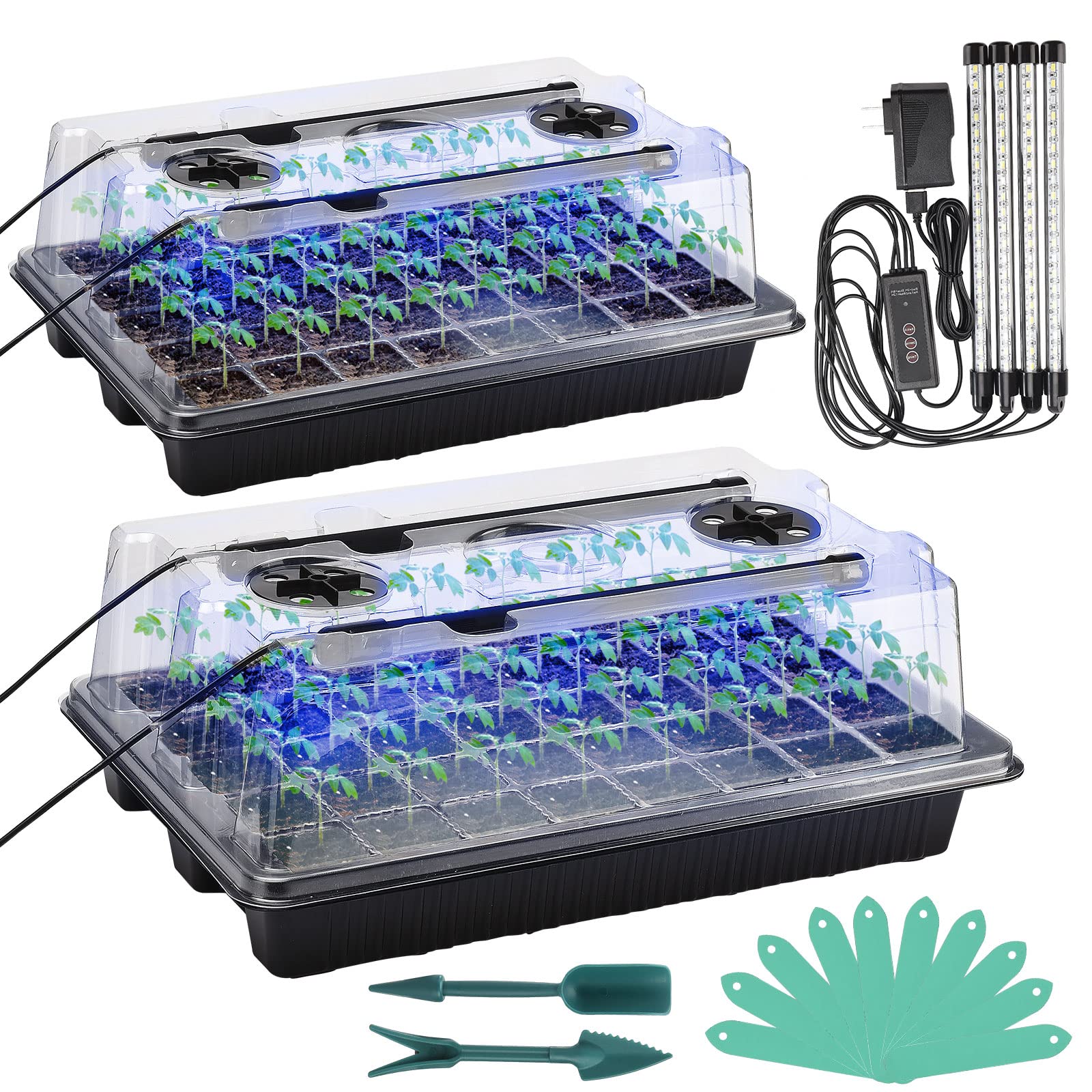 2 Stück 80 Zellen Samen-Starter-Set mit 4 Wachstumslichtern, einstellbare Helligkeit und Luftfeuchtigkeit, Kuppelpflanzen-Sämling-Starter-Set für Pflanzenanbau