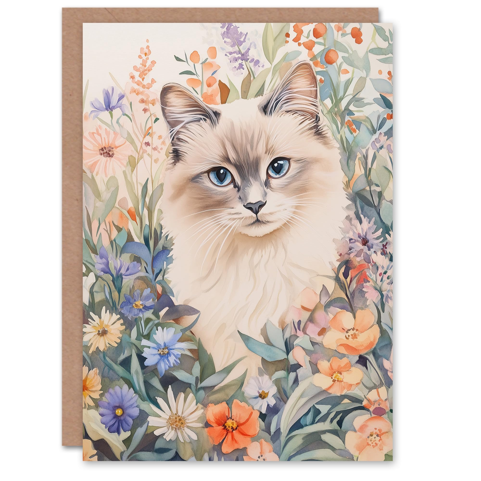 Artery8 Greeting Card Ragdoll Cat Lover Floral Pet Portrait Watercolour For Her Woman Birthday Card