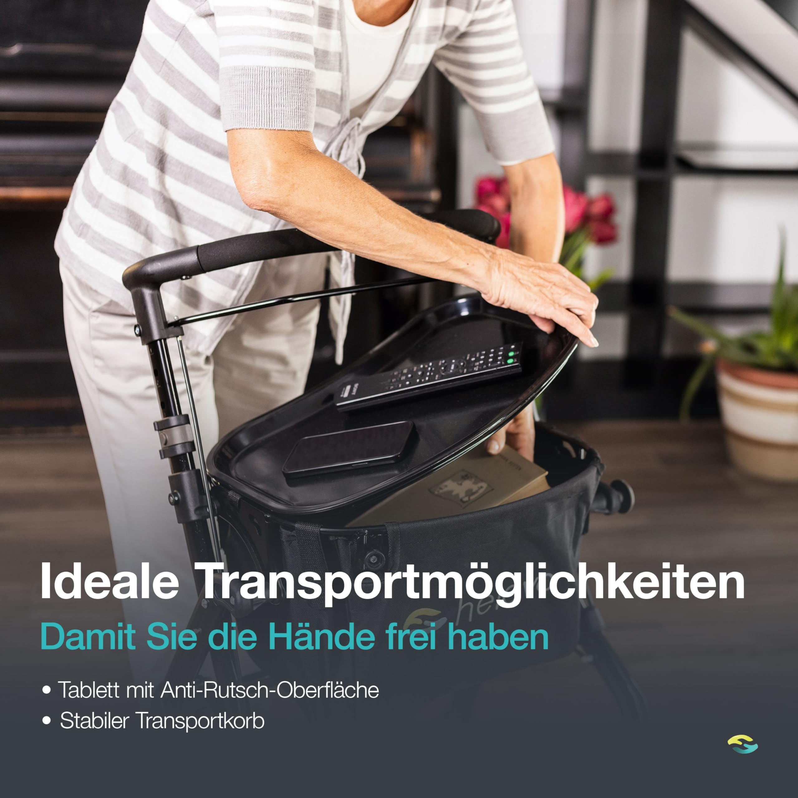 Helavo schmaler Wohnungsrollator mit Tablett - 60 cm breit & Transportkorb | Rollator schmal für die Wohnung - Leichter, faltbarer Indoor-Rollator aus Aluminium - Inkl. Tablett, Becherhalter und Korb