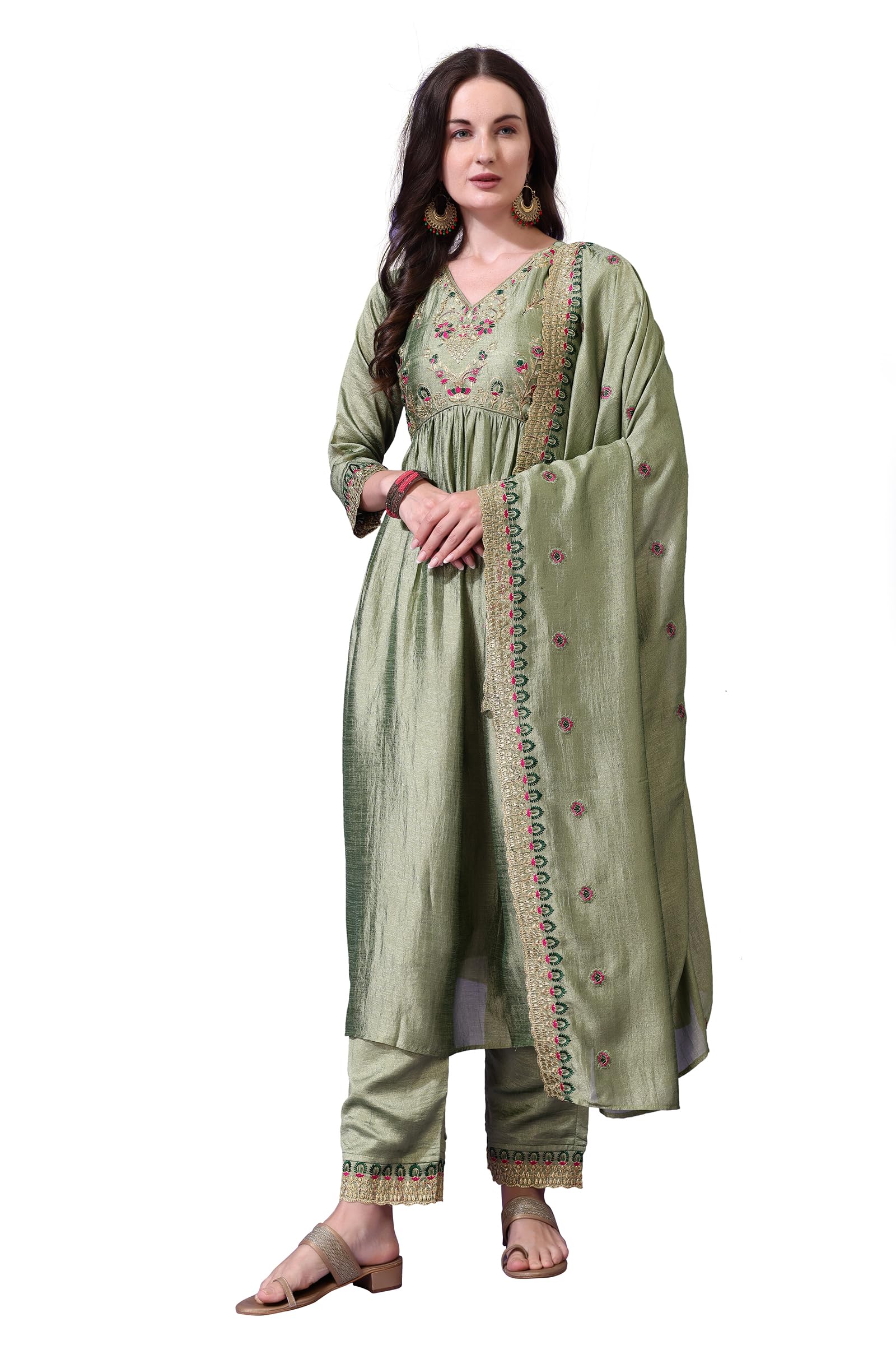 Pratham Blue Women's Silk Embroidered Anarkali Kurta Palazzos With Dupatta |Kurta Set For Women |Women's Kurta |Women Embroidered Kurta Sets Kurtis (Bkp-1012-S_Green)
