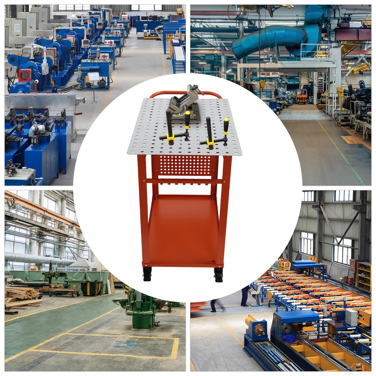 Mesa de soldadura portátil de 2 niveles, banco de trabajo con paredes perforadas, mesa de trabajo de metal con suspensión lateral para herramientas y 4 ruedas universales de carga de 272 kg para