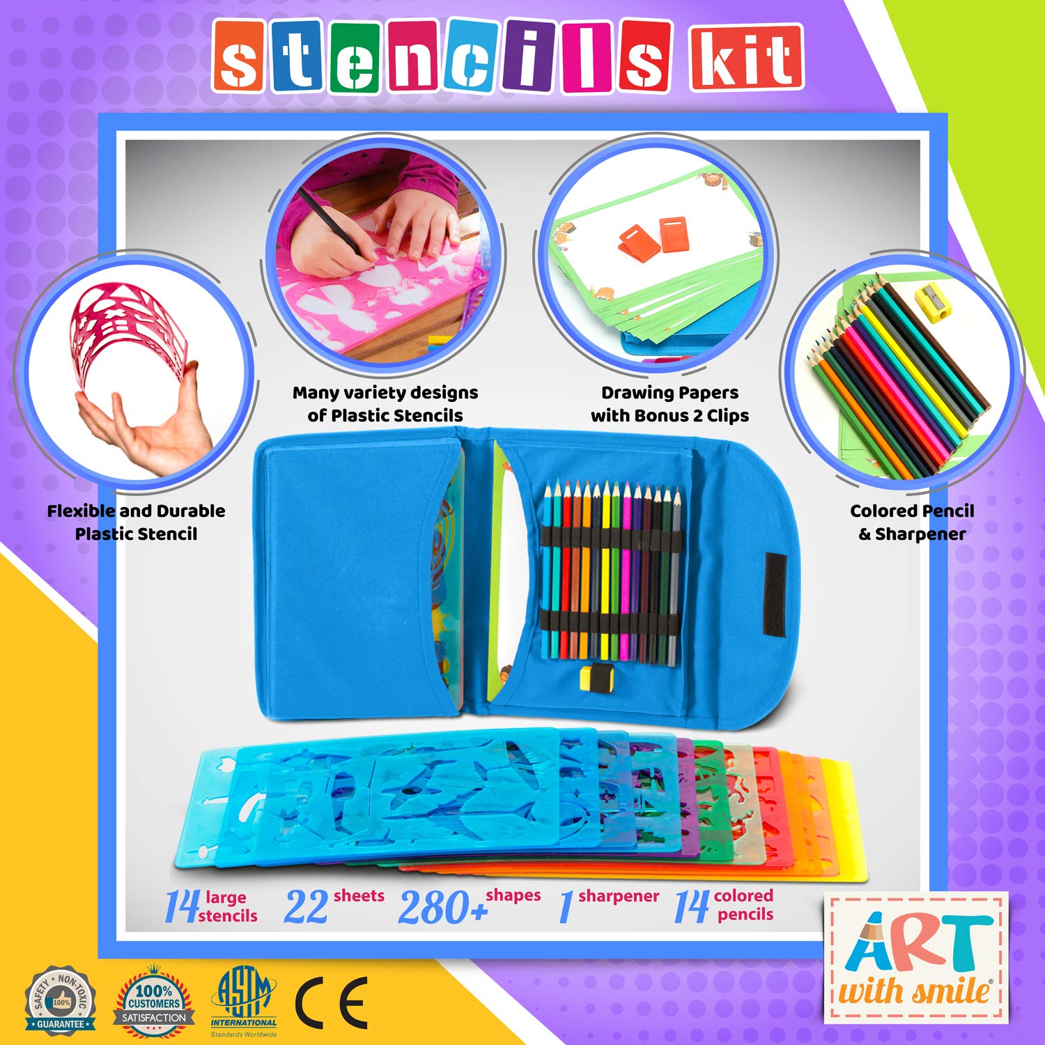 Kit de Plantillas de Dibujo de 55 Piezas con Estuche. Plantillas con más de 280 formas, Lápices de Color, Papel. Suministros Artísticos para la Creatividad, Aprendizaje y Diversión. Ideal como Regalo
