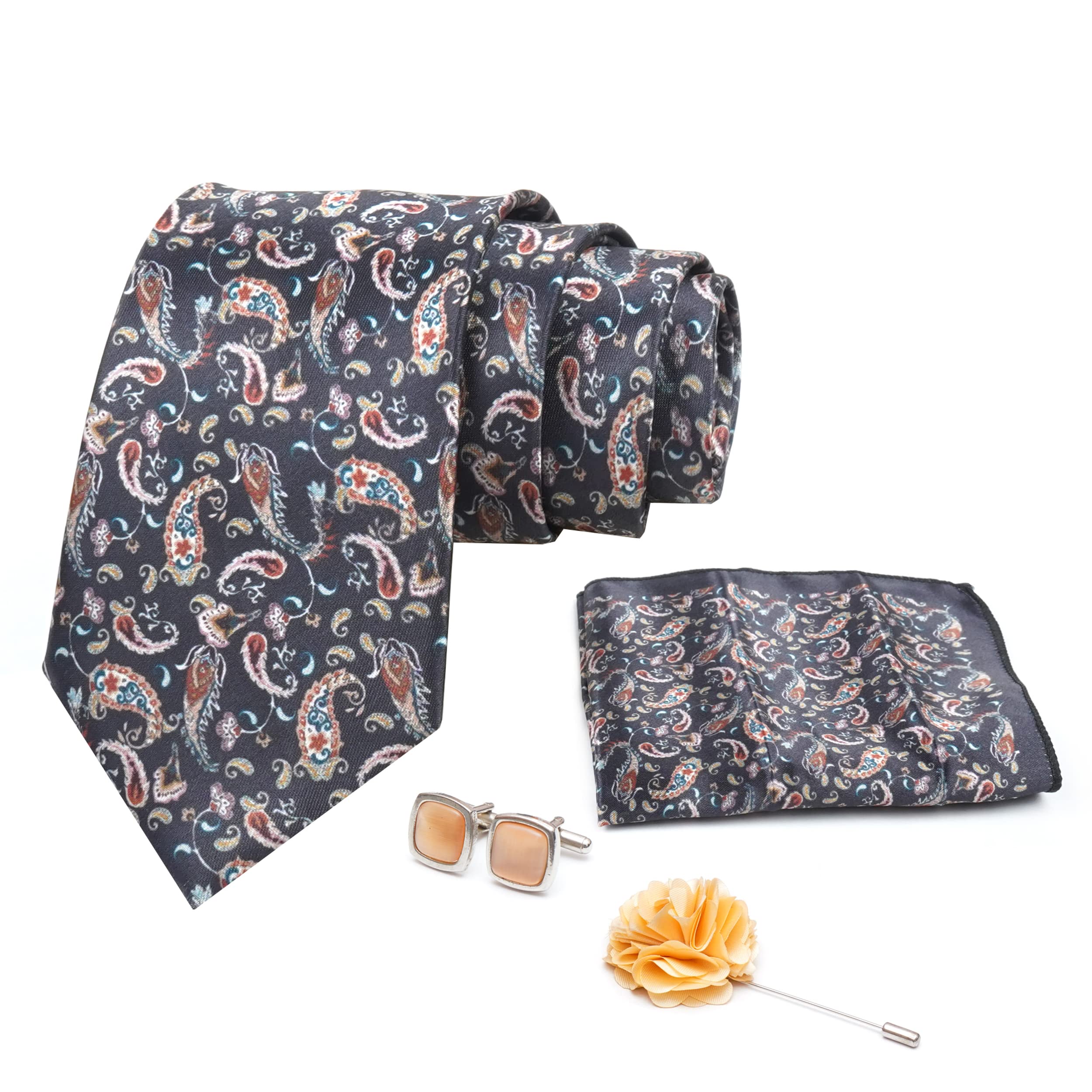 axlon Mens Plaid Micro Self Silk Necktie Gift Set With Pocket Square Cufflinks & Brooch Pin Tie for Men Formal Tie Set with Box (Pack of 4) (Black, 2022AX_15)-picture-7