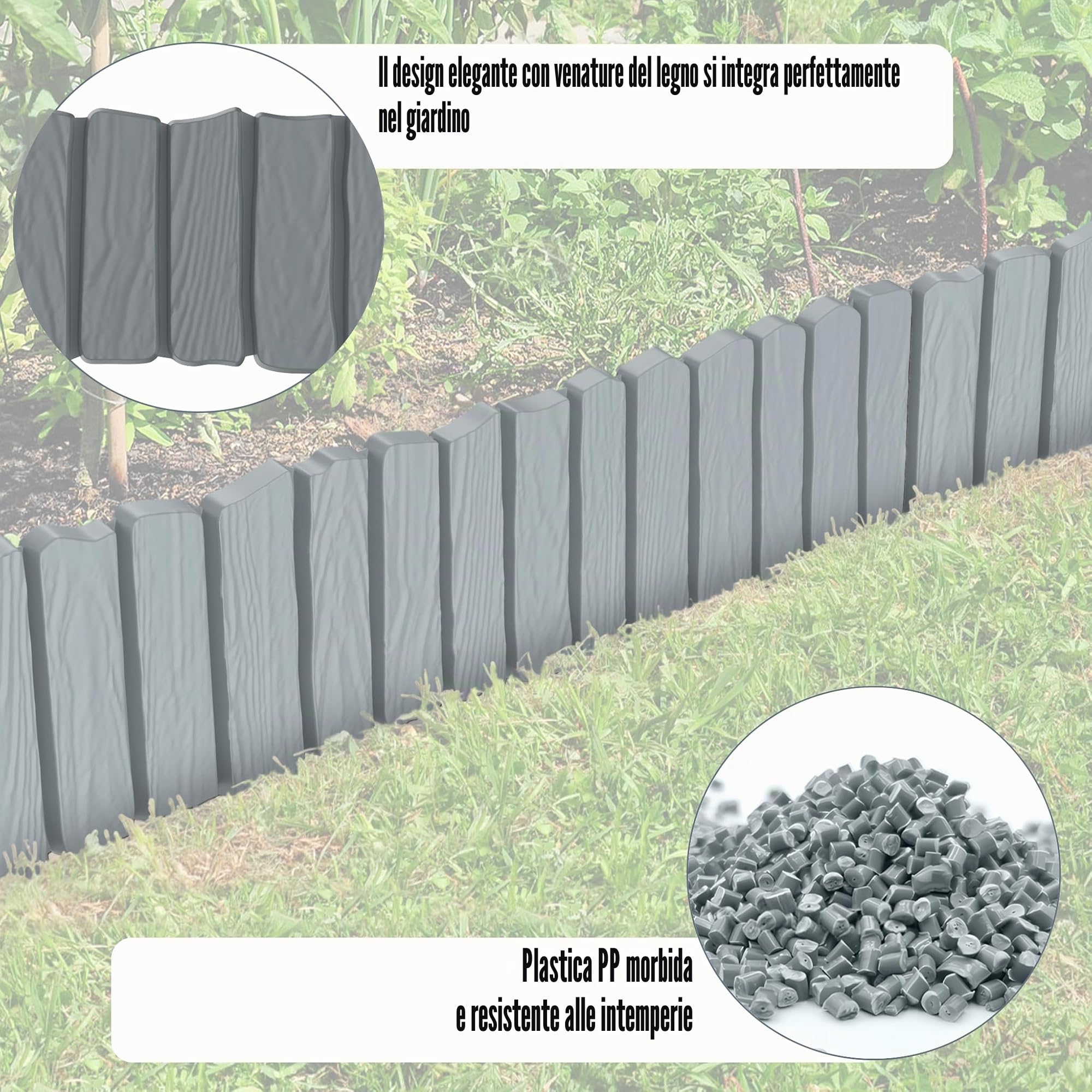 FIVMEN Bordo per prato, in plastica, 4,6 m, effetto legno, bordatura per aiuole con perni da 10 cm, imitazione delle venature del legno, per giardino, grigio