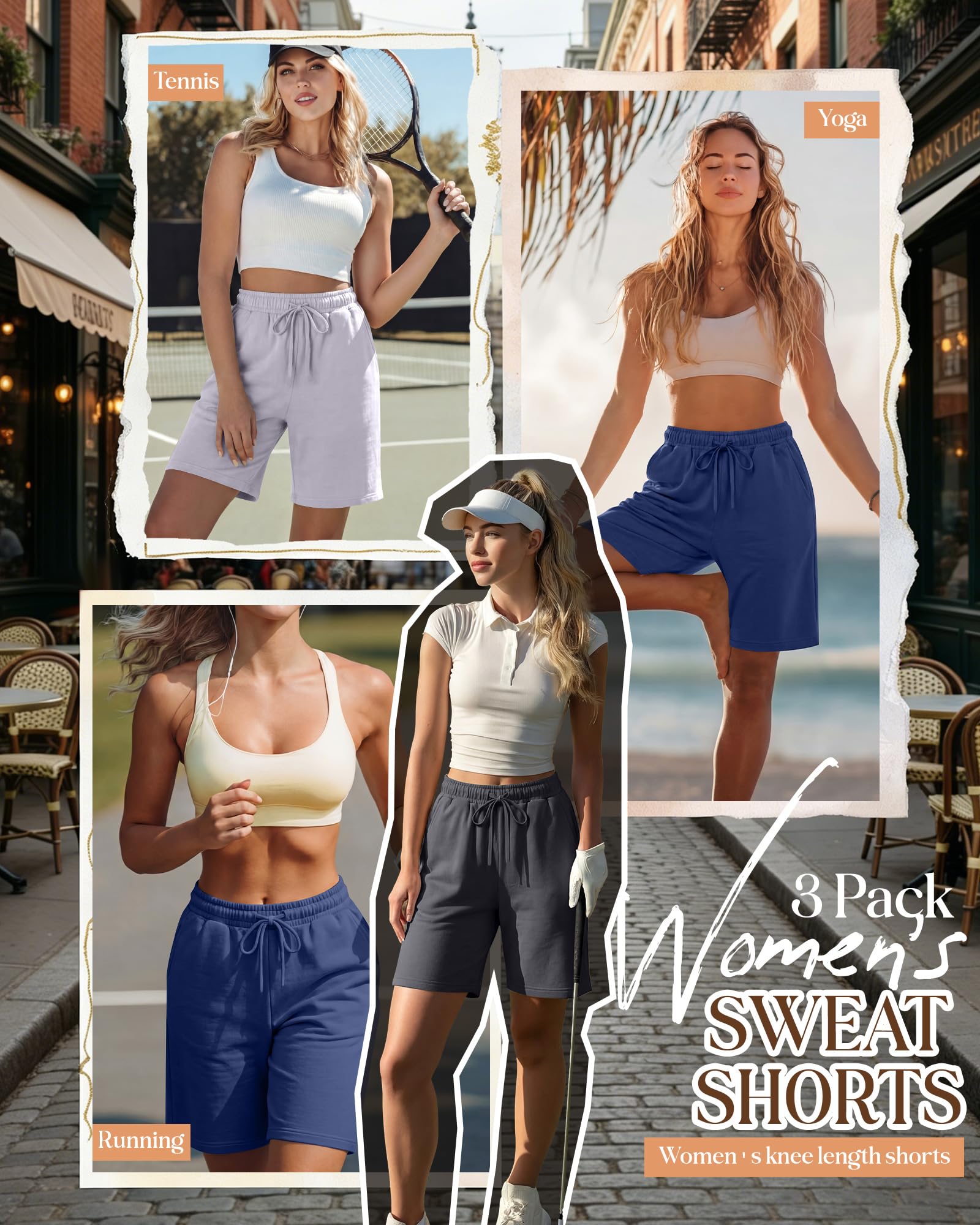 Neer Paquete de 3 bermudas para mujer, para correr, yoga, caminar, verano, descansar, hasta la rodilla, con cordón y bolsillos