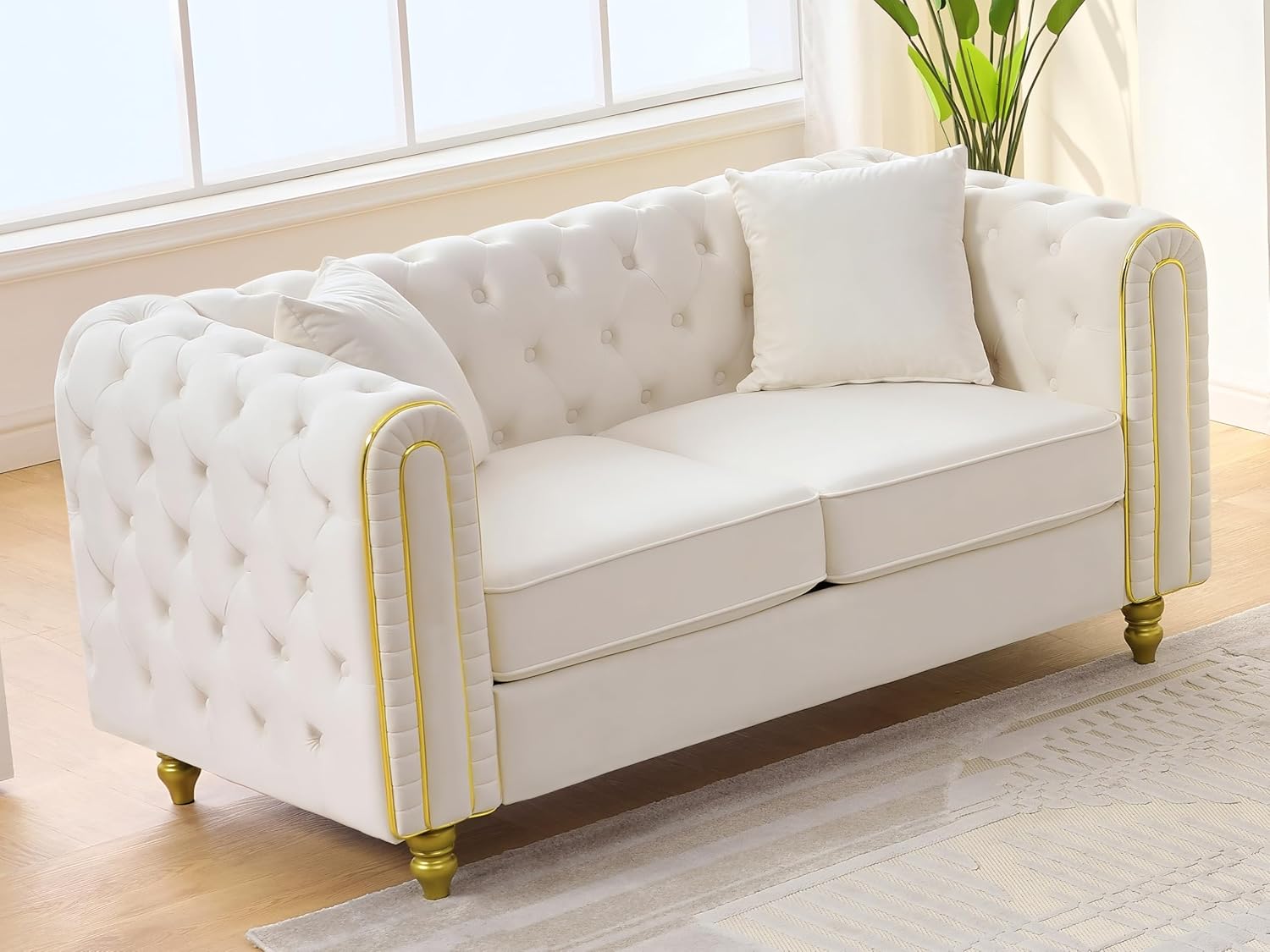 THSUPER 63'' Black Velvet Small Chesterfield Sofa Loveseat, 2 Seater Button Tufted Loveseat with Rolled Arms and Gold Legs, Couches with Pillows for Living Room Furniture. Beige