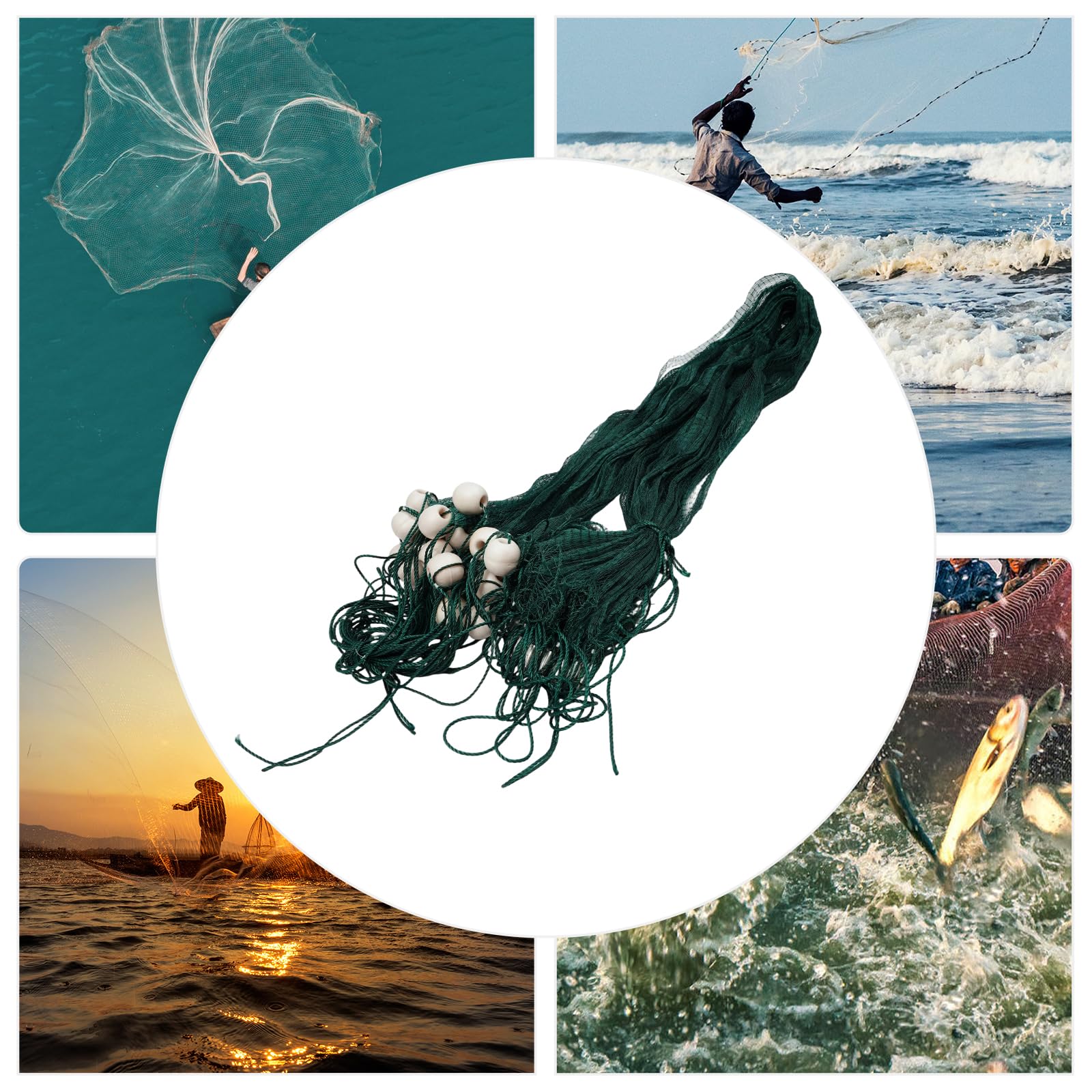 Fischernetz 3x20m Zugnetz mit Schwimmer & Gewichten, 1,5cm Engmaschiges Schleppnetz für Köderfische Elritzen, Handgeknüpftes PE-Gewebe, Wadennetz für Fluss, See & Strand