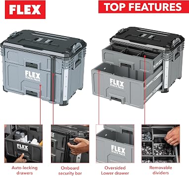 FLEX - Stack Pack Tool Storage System - 2 Drawer Box - Stackable - 533240 - Made of Impact Resistant Plastic with Aluminium Reinforced Corners, Metal Latch and More